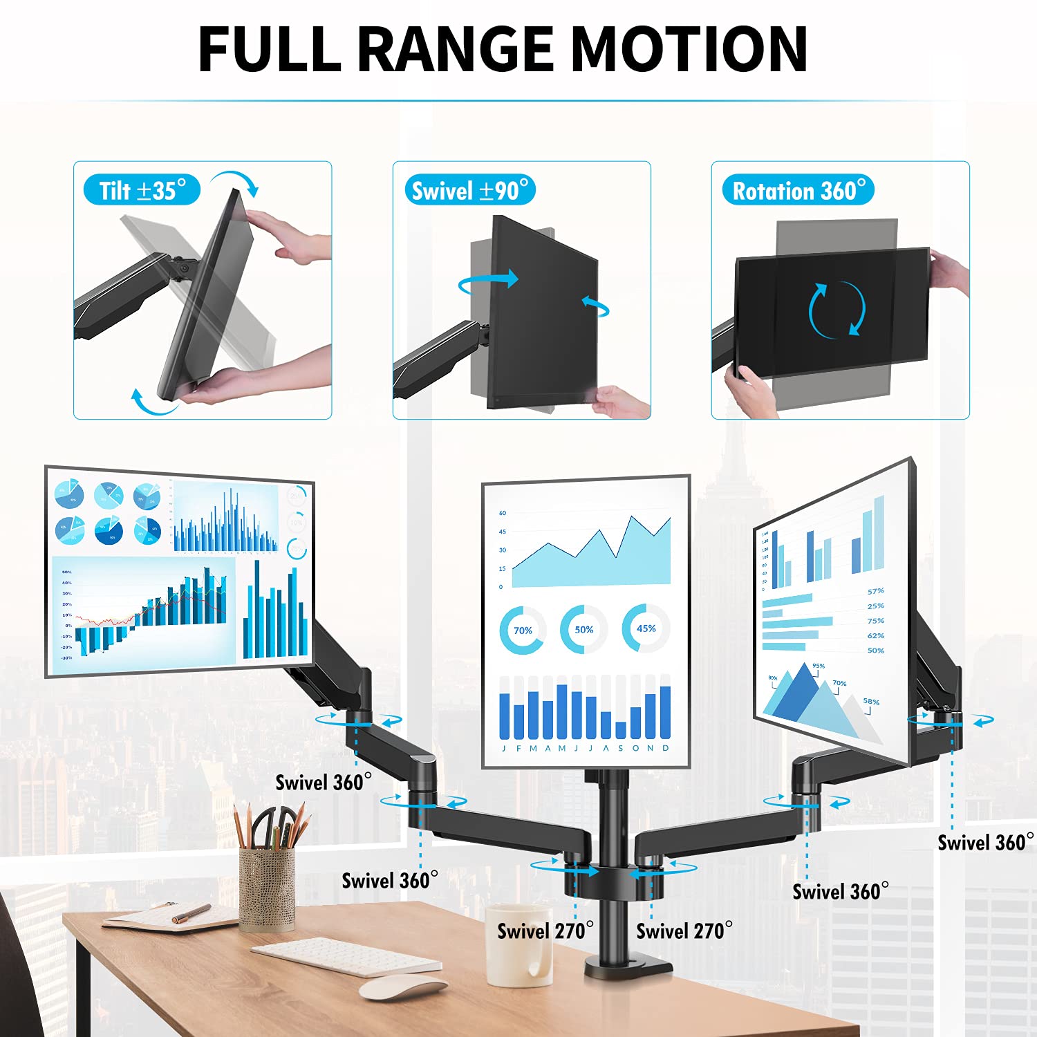 MOUNTUP Triple Monitor Stand Mount - Heavy Duty 3 Monitor Desk Mount for 27 Inch Screens, Gas Spring Monitor Arm Holds 17.6 lbs Each - Perfect for Gaming, Office & Home Workstations