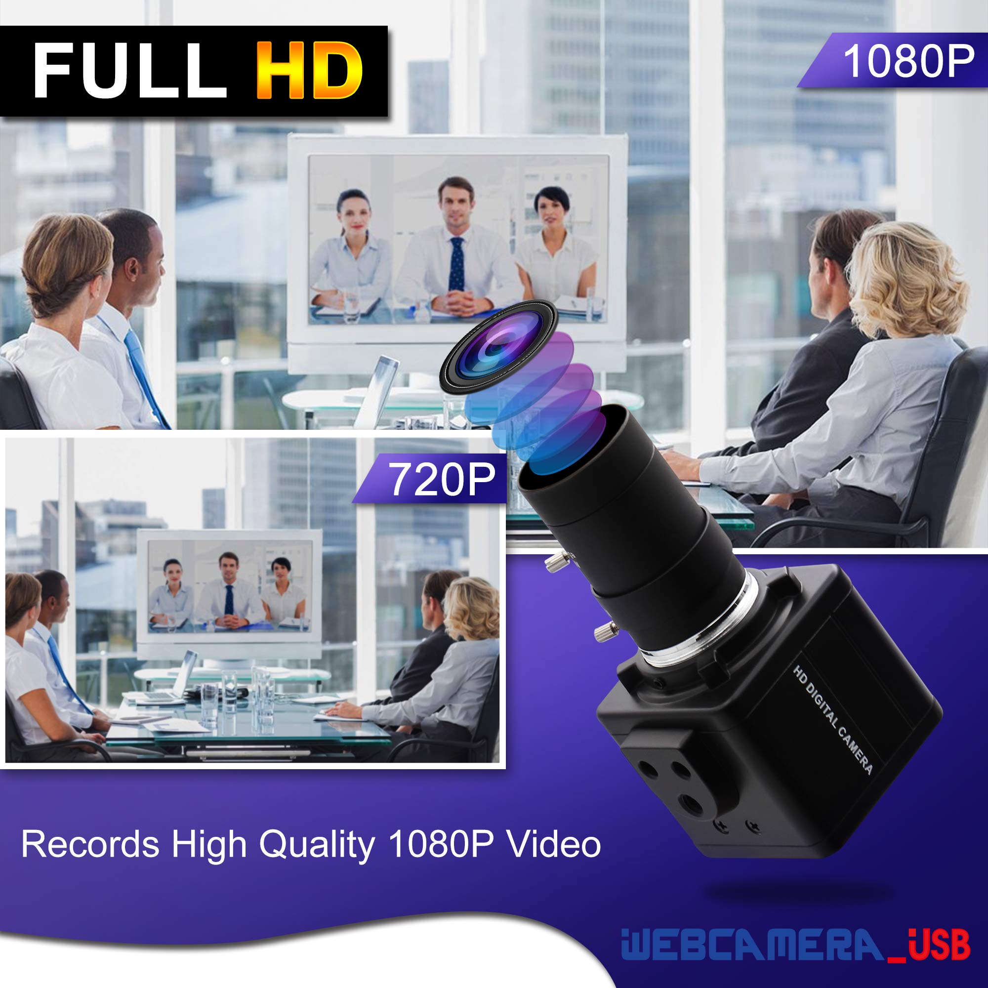 1080P HD USB Webcam with Built-in Microphone, 5-50mm Manual Zoom & Variable Focus for PC/Laptop - UVC USB 2.0 Plug & Play Computer Camera for Video Conferencing, Online Classes, Live Streaming & Close-up Photography