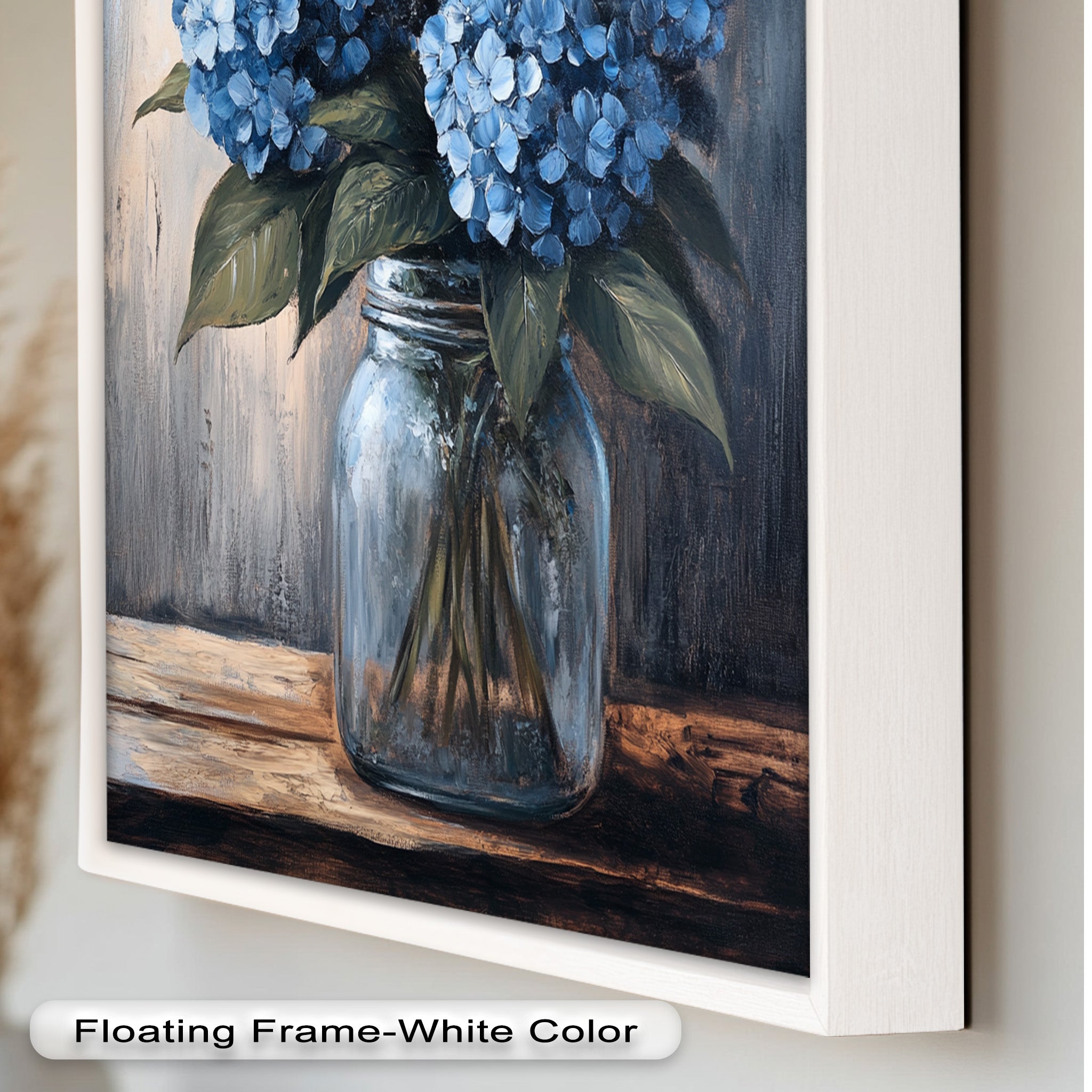 Blue Serenity Hydrangea Blooms in Mason Jar - Floral Oil Painting Wall Art for Home Decor, Living Room, Bedroom & Office | Handmade Canvas Artwork