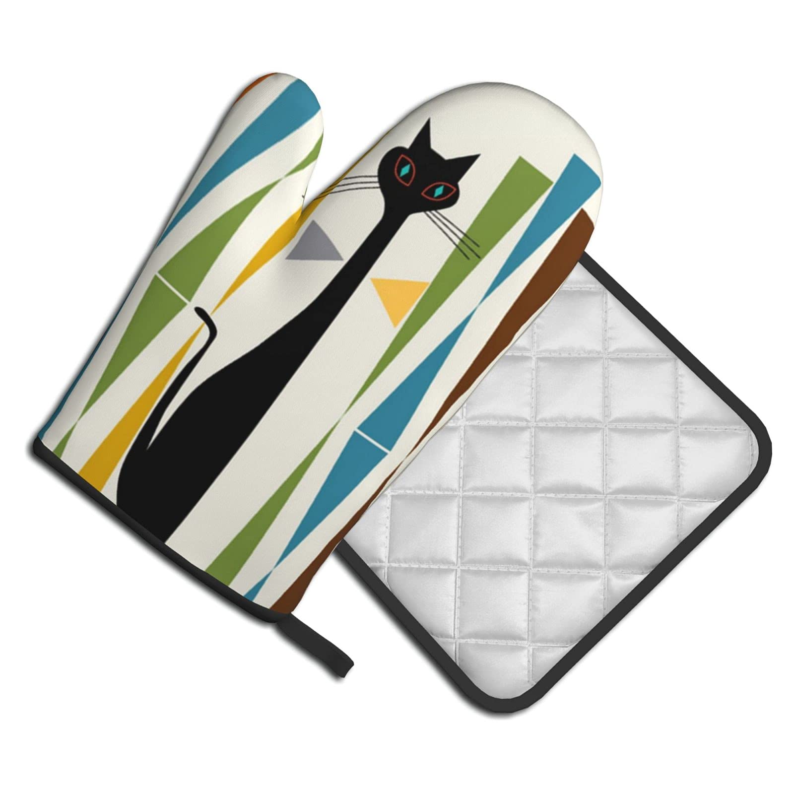 Vintage Mid-Century Modern Cat Art Oven Mitts & Pot Holders Set - Heat Resistant Kitchen Gloves for Cooking, Baking, Grilling - Non-Slip Polyester Hot Pads for Home Chefs & Cat Lovers