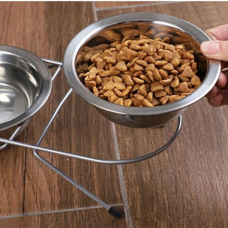 PSK PET MART Double Dog Cat Food and Water Bowls - Stainless Steel Feeder Dishes with Stand for Puppy & Kitten - Perfect for Home, Kitchen, or Outdoor Use