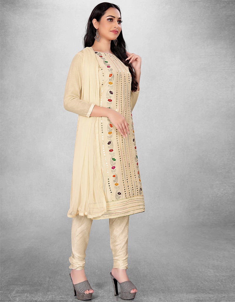 Elegant Beige Chanderi Chudidar Suit for Women - Traditional Indian Kurti Set with Churidar Pants - Perfect for Weddings, Festivals & Special Occasions