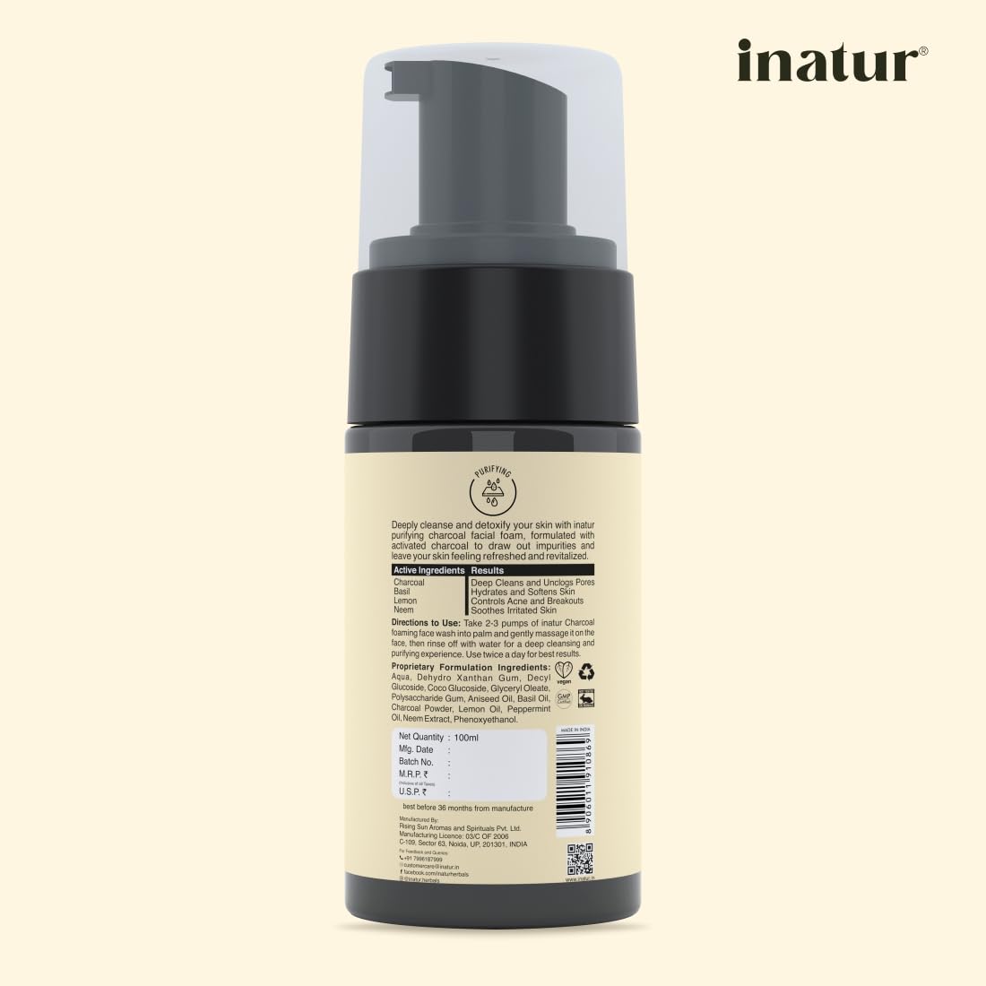 inatur Purifying Charcoal Foaming Face Wash for Acne Prone Skin - Oil Control & Deep Cleansing Facial Cleanser - Detoxifying & Pore Minimizing Formula - Sulfate-Free, Soothing & Nourishing Daily Face Wash (100ml) - Perfect for Morning & Night Skincare Routine