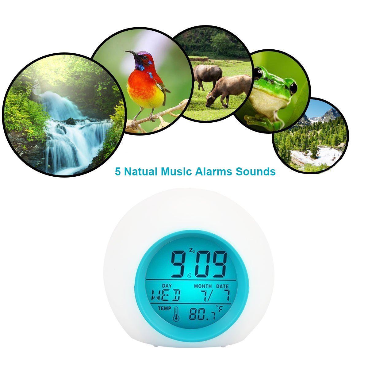 Kids Digital Alarm Clock with Temperature Display & 7-Color LED Changing Light - 5 Natural Music Songs for Bedroom, Nightstand, or Nursery | Perfect for Sleep Training & Gentle Wake-Ups
