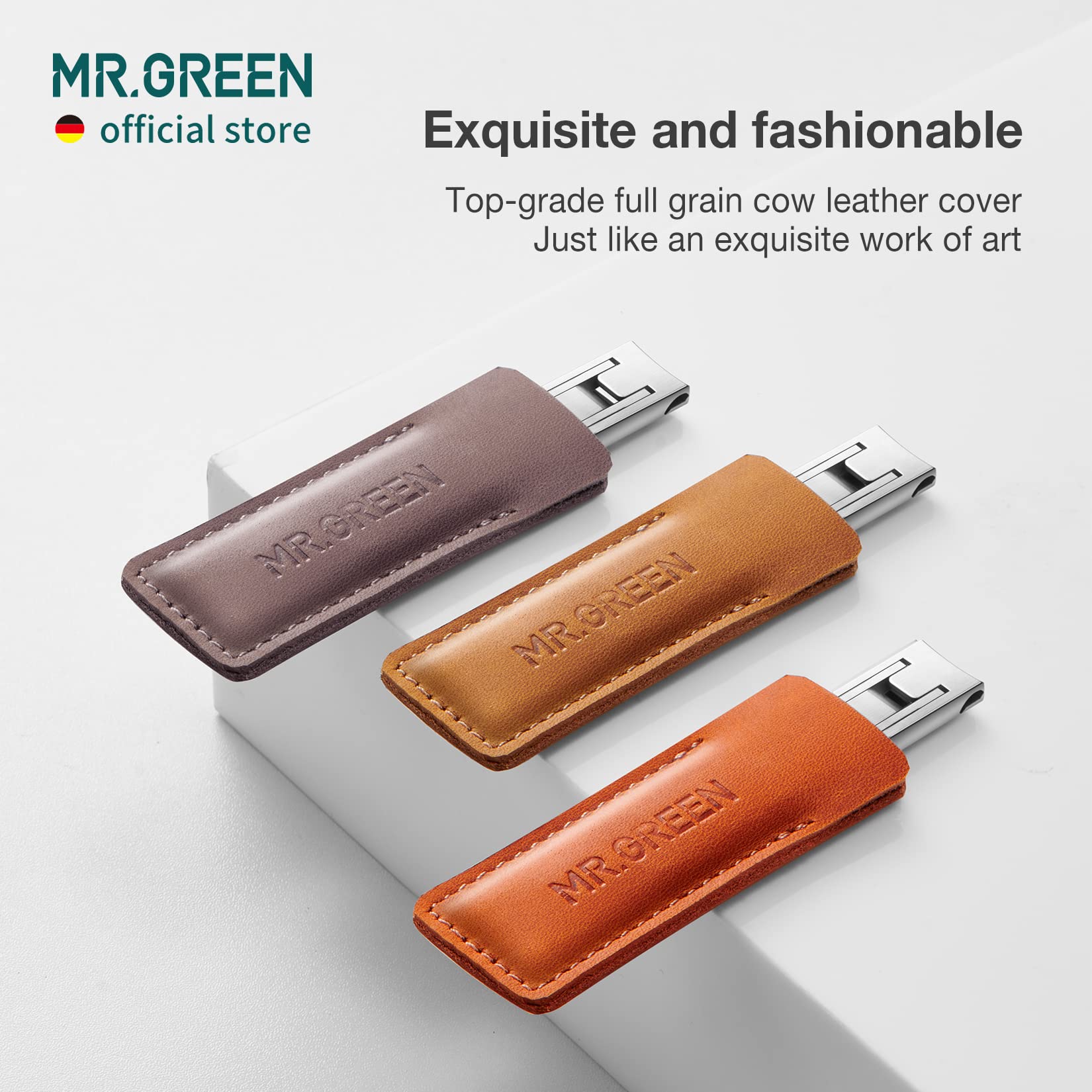 MR.GREEN Ultra Thin Nail Clippers - German Precision Stainless Steel Nail Cutters with Premium Cowhide Leather Case (Light Grey) | Perfect for Travel, Home & Professional Grooming Kits