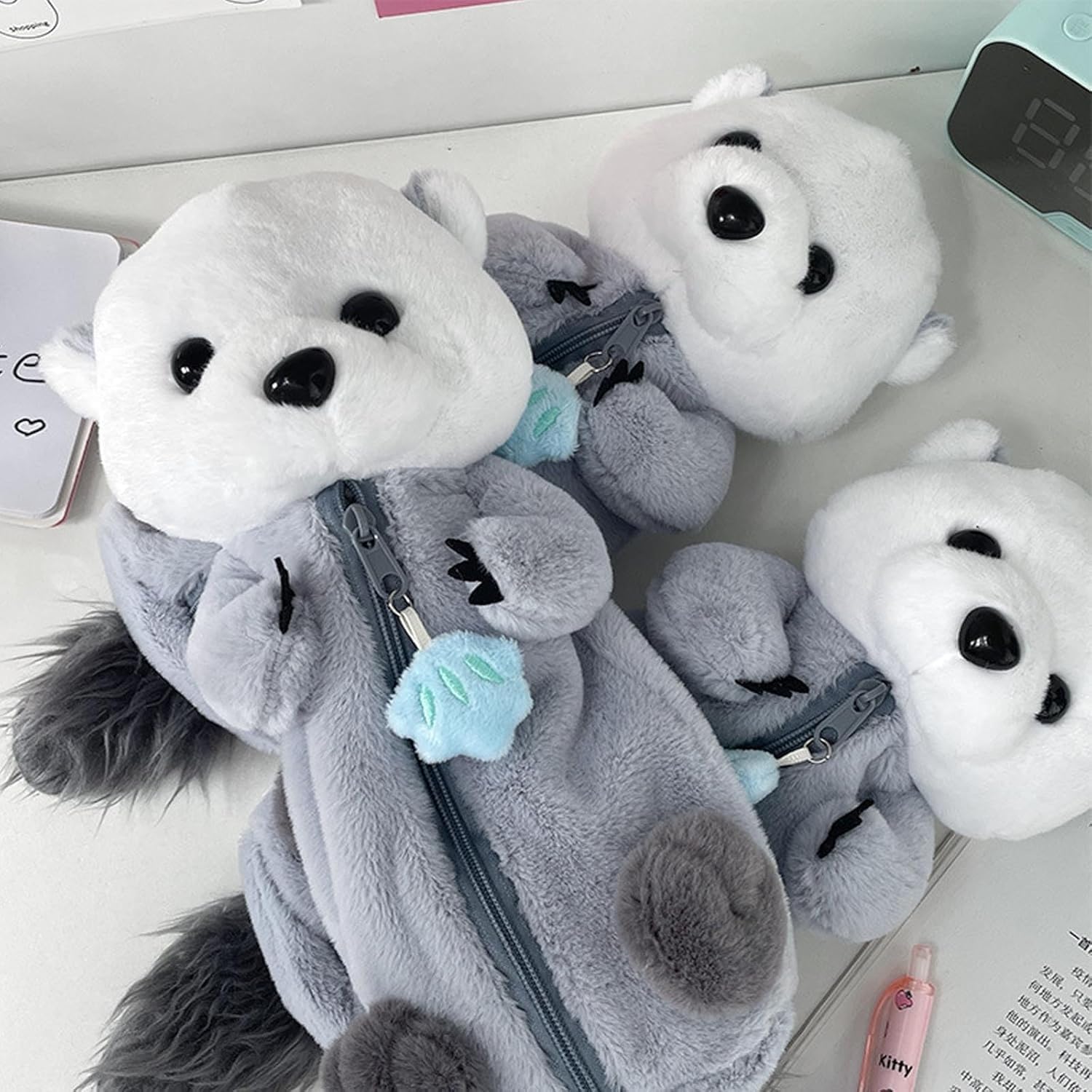 Cute Otter Pencil Pouch - Plush Animal Stationery Organizer with Large Capacity, Shark & Bird Design Zipper Storage Bag - Perfect for School, Office & Travel (Great Stocking Stuffer Gift)