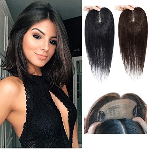 8x12cm Silk Base Human Hair Topper - Handmade Silk Base Closure Clip-in Hairpiece for Women | 14