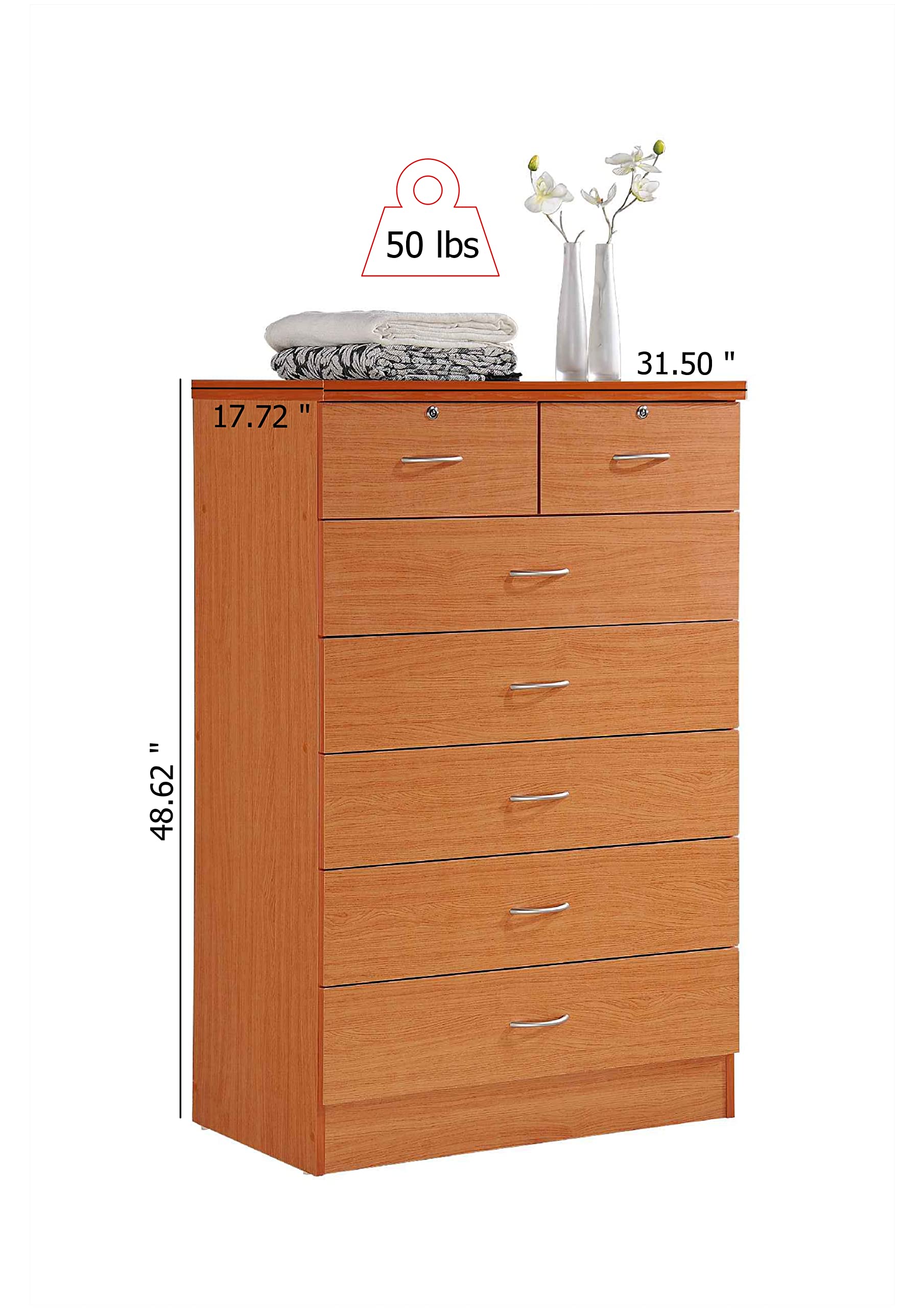 HODEDAH 7-Drawer Wooden Dresser for Bedroom - 31.5 Inch Wide Chest of Drawers with 2 Lockable Top Drawers - Cherry Finish Clothing Storage Organizer - Perfect for Bedroom, Nursery, or Closet Organization