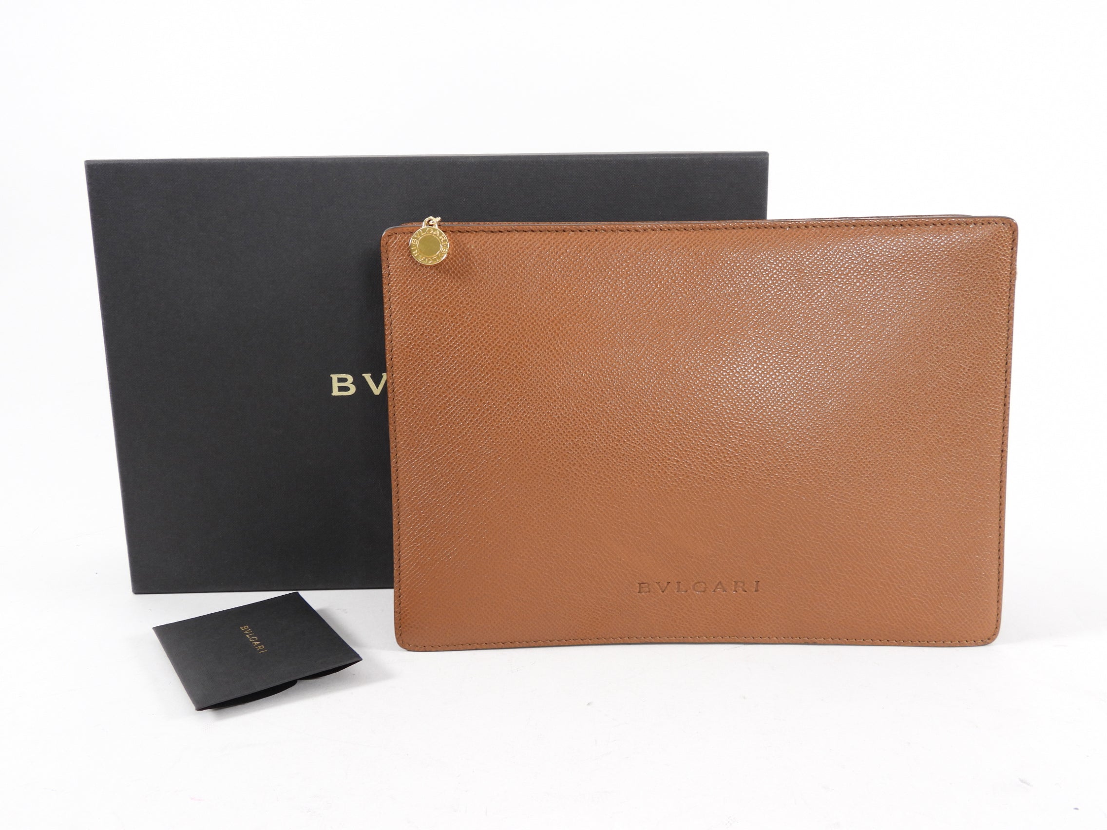 Bvlgari Cognac Brown Leather Travel Pouch - Luxury Zip Toiletry Bag for Men & Women - Perfect for Travel, Gym, and Everyday Essentials