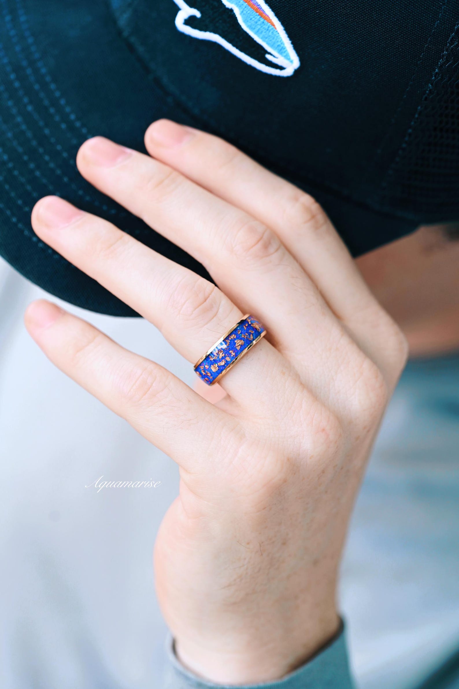 Starry Night Van Gogh Inspired Fire Opal Wedding Band - 8MM Rose Gold Tungsten Ring for Women & Men - Perfect for Engagement, Anniversary & Romantic Gifts
