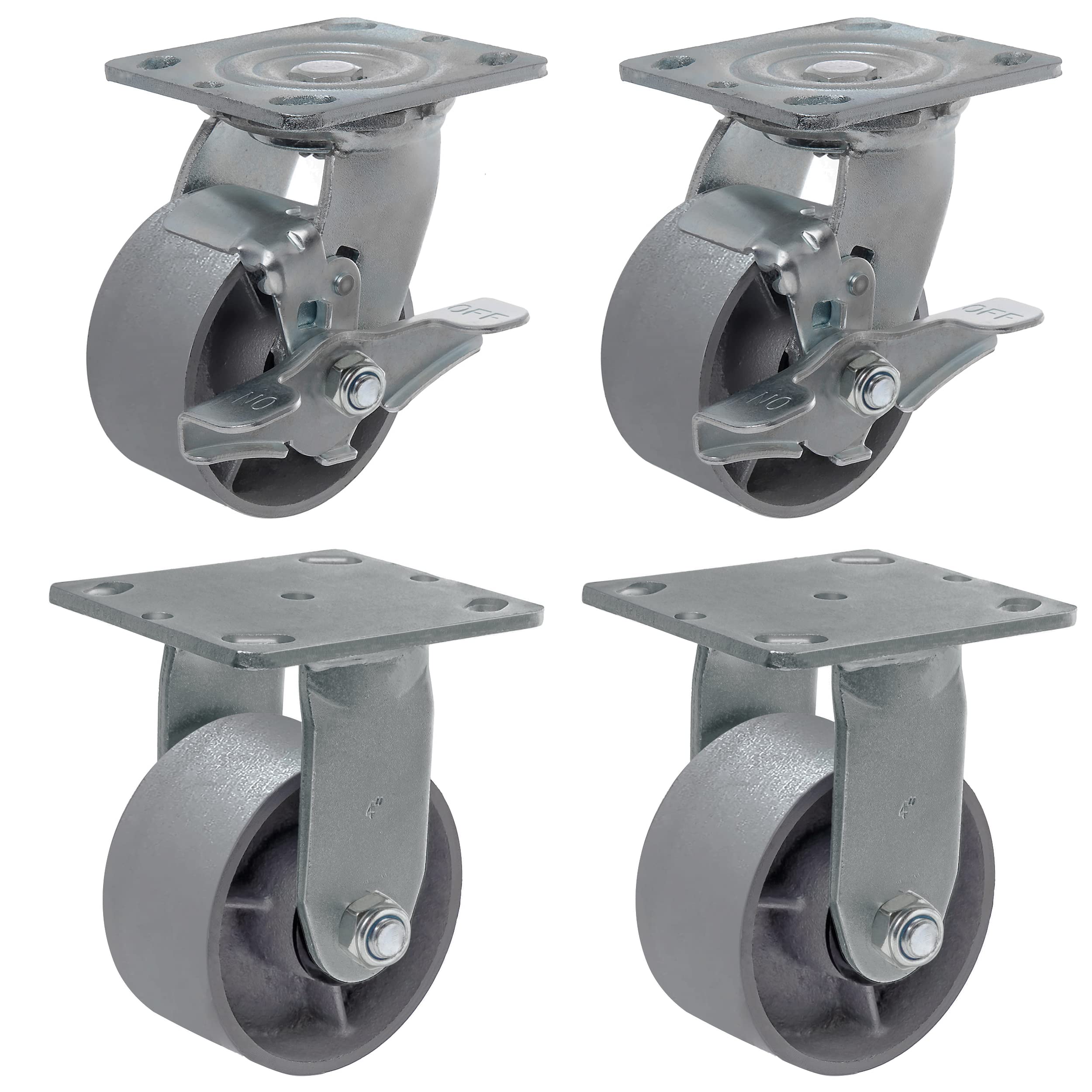 Heavy Duty Steel Cast Iron Caster Wheels - Set of 4 for Tool Boxes & Workbenches, 3000 LB Capacity (4 Inch, 2 Brake & 2 Rigid) - Perfect for Industrial Workstations, Garage Storage, and Heavy Equipment Mobility