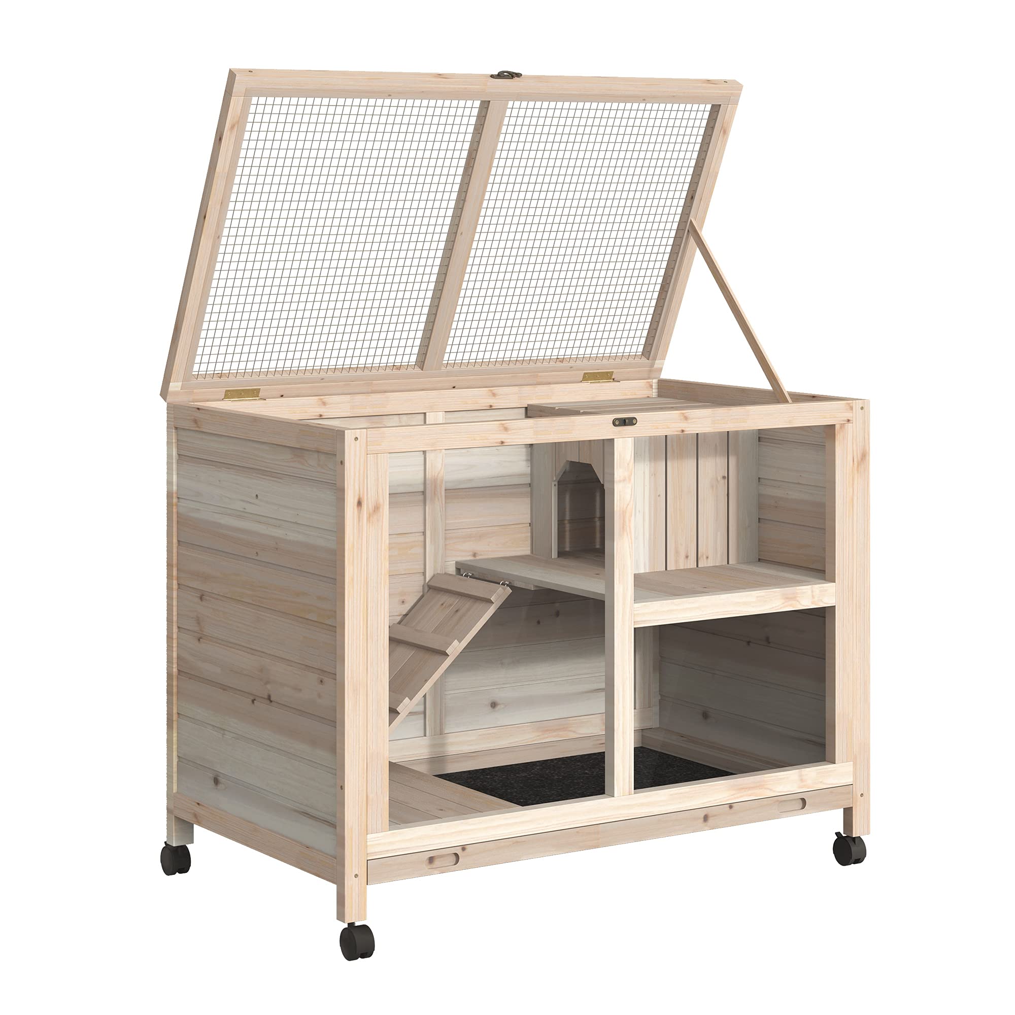 PawHut Wooden Rabbit Hutch with Wheels - Waterproof Bunny Cage with Removable Tray & Openable Roof - Indoor/Outdoor Small Animal House for Rabbits, Guinea Pigs - Perfect for Backyard, Garden or Patio Use