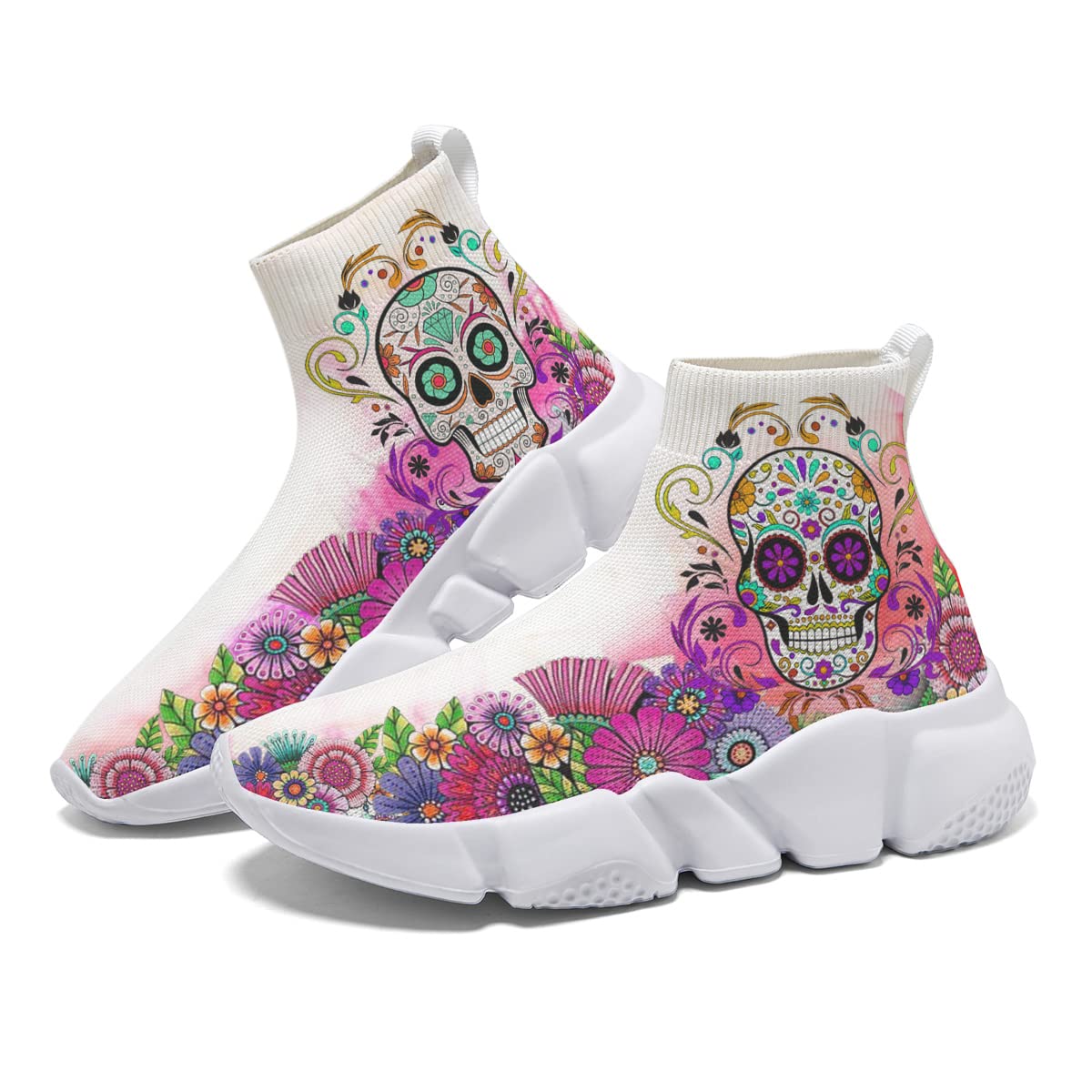Hetios Women's Fashion Skull Print Slip-On Sneakers - Knit Breathable Running Shoes for Jogging, Walking & Casual Wear - White Athletic Shoes for Women (Perfect for Gym, Workout & Street Style)