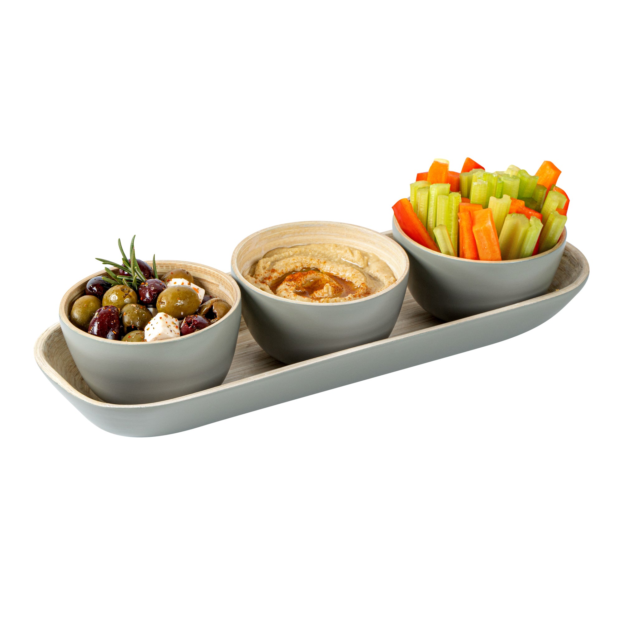 Eco-Friendly Bamboo Bowl Set with Tray - 3 Gray Bamboo Bowls (11.75