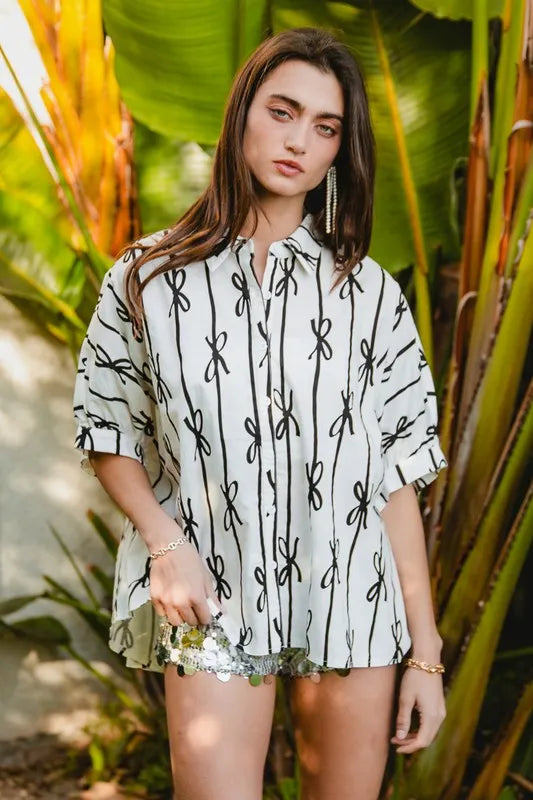 BiBi Bow Ribbon Woven Printed Button Down Shirt for Women - Stylish Casual Blouse for Office, Date Night & Spring Outfits