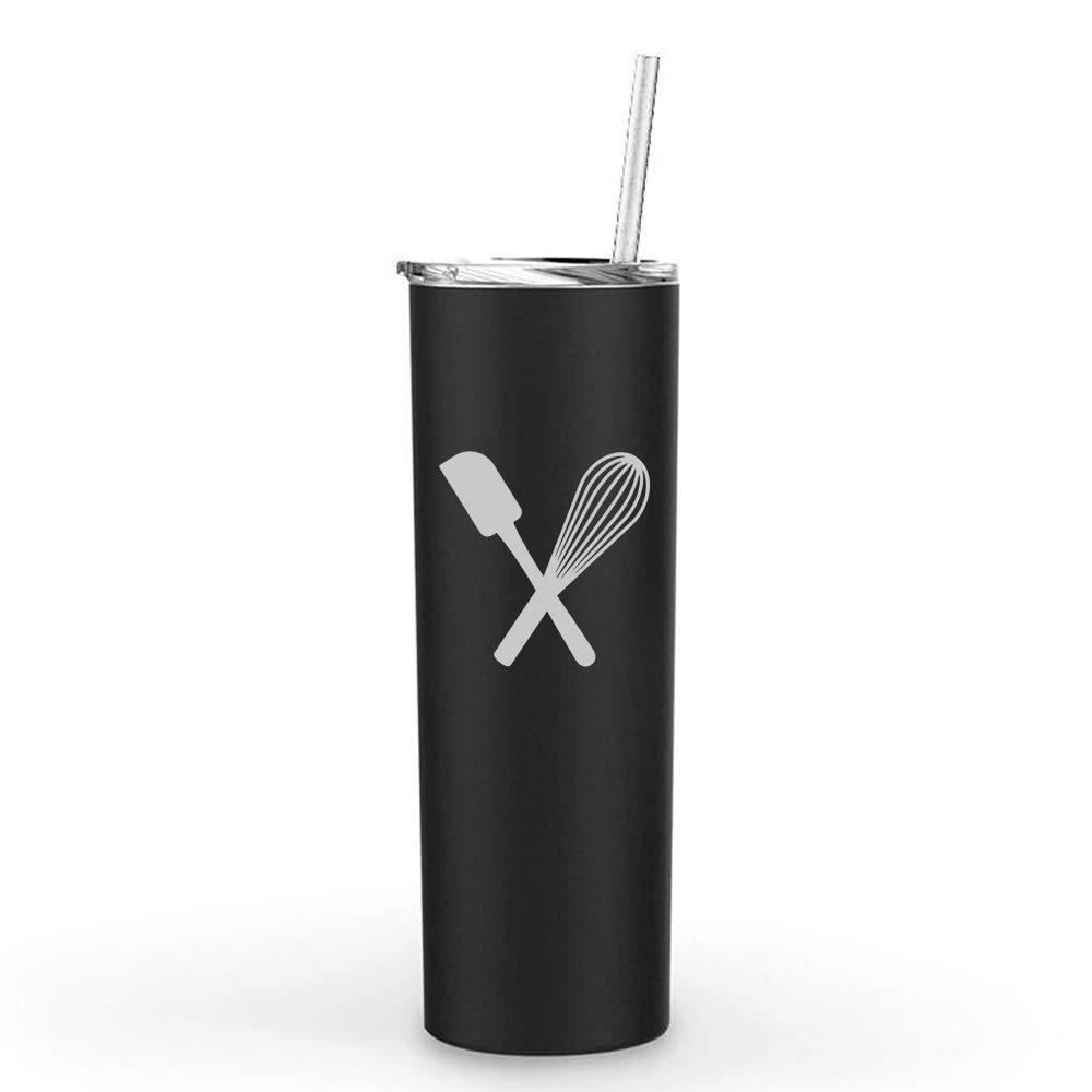 20 oz Skinny Tall Stainless Steel Tumbler - Vacuum Insulated Travel Mug with Straw, Spatula & Whisk - Perfect for Coffee, Tea & Baking On-The-Go (Black)