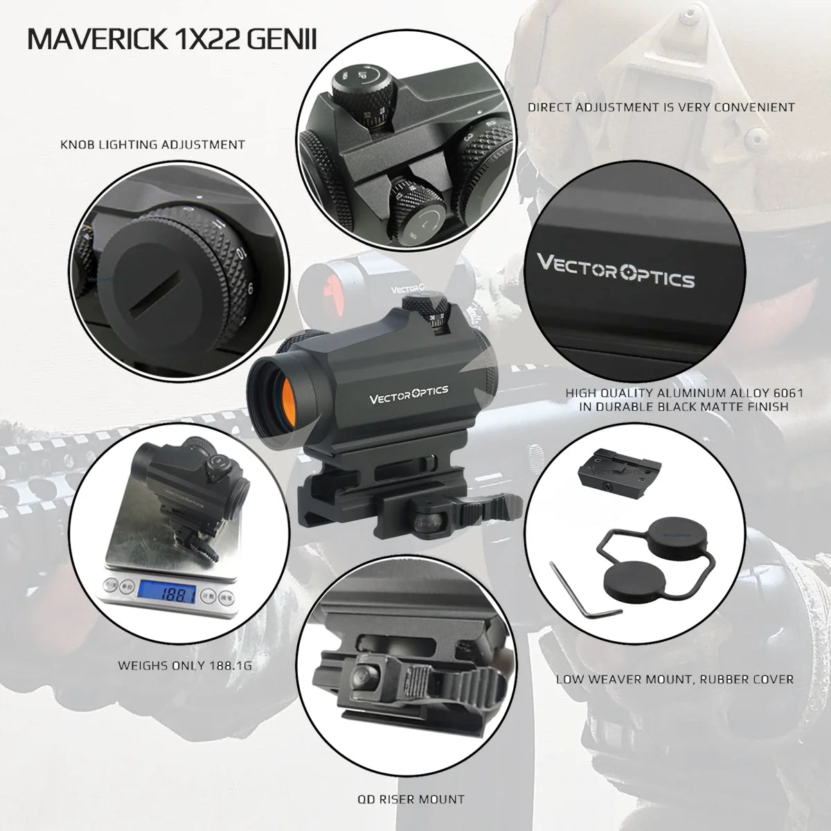 Vector Optics Maverick GenII 1x22 Red Dot Sight - Tactical Rifle Scope with QD Mount for Hunting & Airsoft | Compatible with .308 & Real Firearms | Ideal for Close-Range Shooting, Tactical Training & Outdoor Adventures