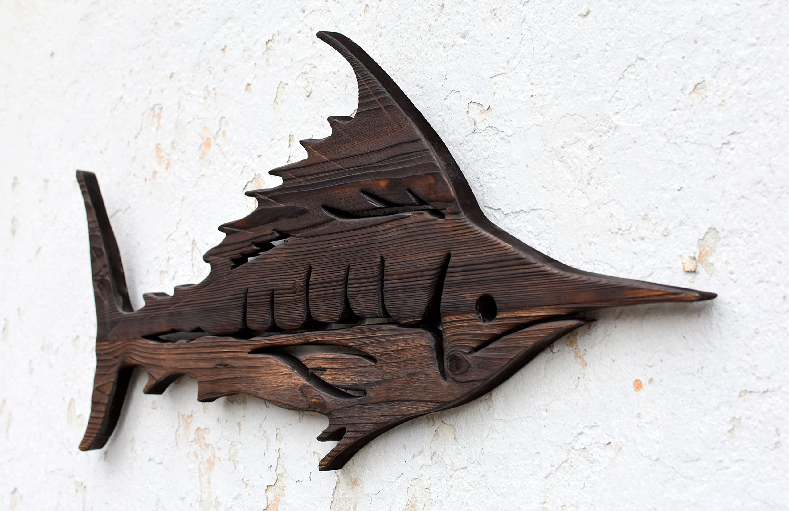 Hand Carved Wooden Marlin Wall Art - Coastal Fish Sculpture Decor for Beach House, Living Room & Office (Brown)