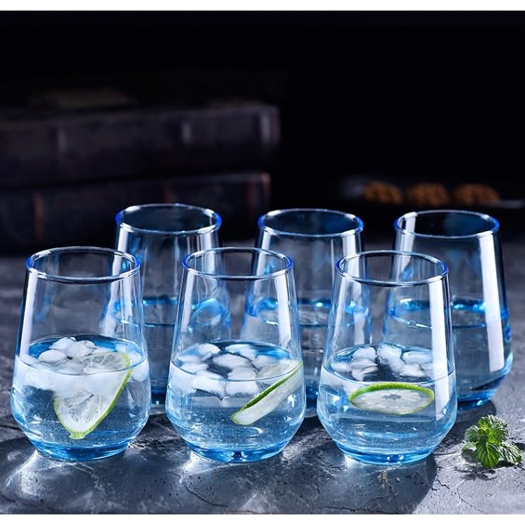Mivana Premium 450ml Juice Glasses Set of 6 - Lead-Free Highball Drinking Tumblers for Water, Juice, Beer, Cocktails & Mixed Drinks - Transparent Blue - Perfect for Home Bars, Parties & Restaurants