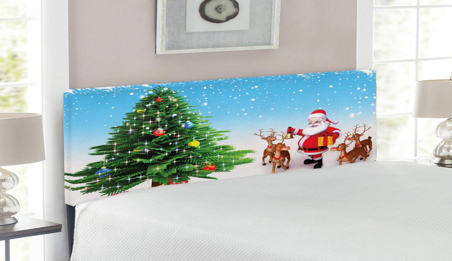 Ambesonne Santa Headboard - Reindeer & Jingle Bells Christmas Tree Design, Upholstered Metal Bed Frame with Memory Foam, Queen Size Multicolor - Perfect for Holiday Bedroom Decor & Festive Home Staging