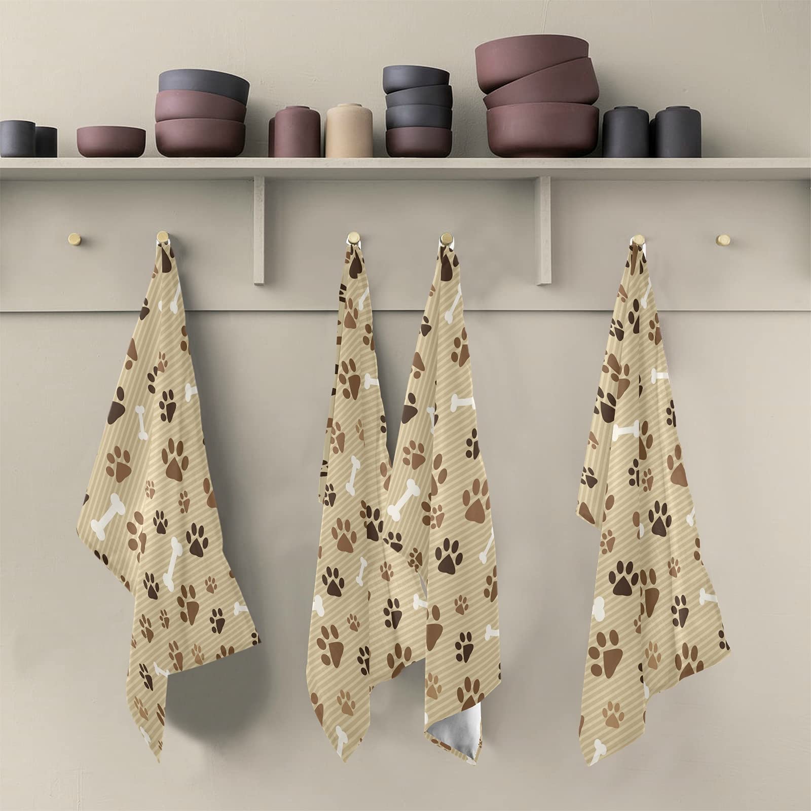ALAZA Brown Dog Paw Print Striped Kitchen Towels - Set of 4 Super Absorbent Soft Dishcloths (18x28 inches) for Dishes, Bar, Tea & Home Decor