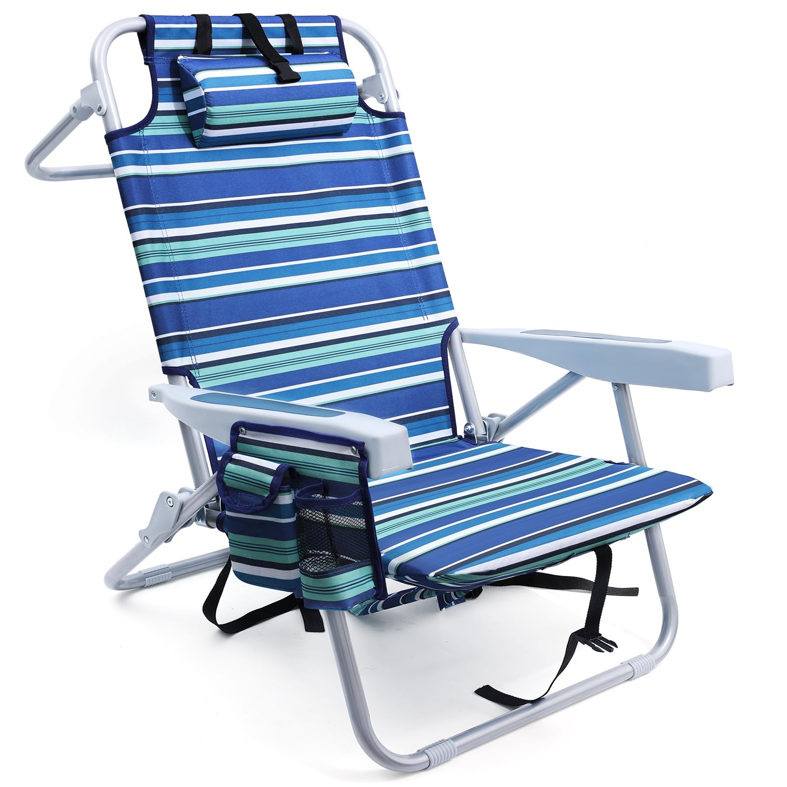 Heavy Duty Beach Chairs for Adults - Portable Folding Chair with Backpack Straps & Large Cooler Pouch, Supports 350LBS - Compact Lay Flat Design (Blue & Cyan Stripes) - Perfect for Beach, Camping, Picnics and Outdoor Relaxation