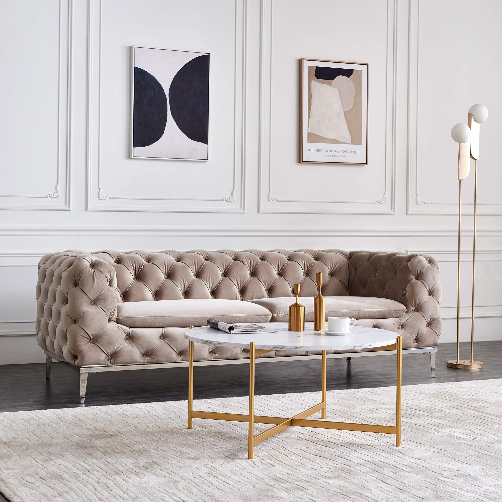 Goujxcy Modern Marble Round Coffee Table with Gold Metal Frame - Stylish Accent Table for Living Room, Bedroom, or Dining Room - Perfect for Small Spaces and Home Decor