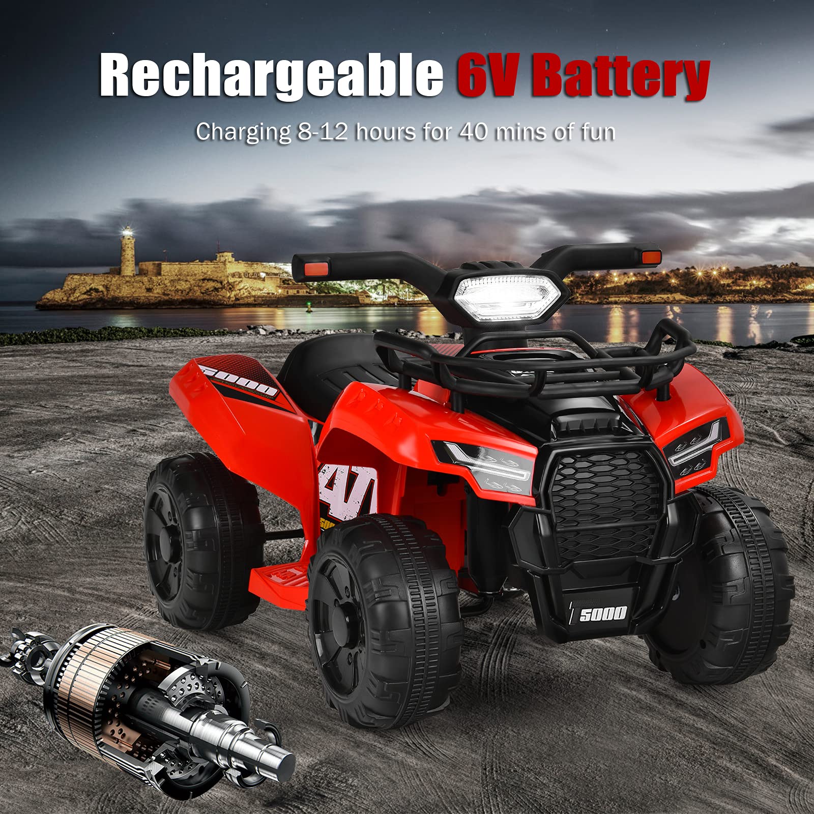 Costzon 6V Kids Electric ATV Quad - Battery Powered Ride-On Toy with Storage Basket, Headlights, Horn & Music for Toddlers 18-36 Months | Outdoor Play, Birthday Gift for Boys & Girls (Red)