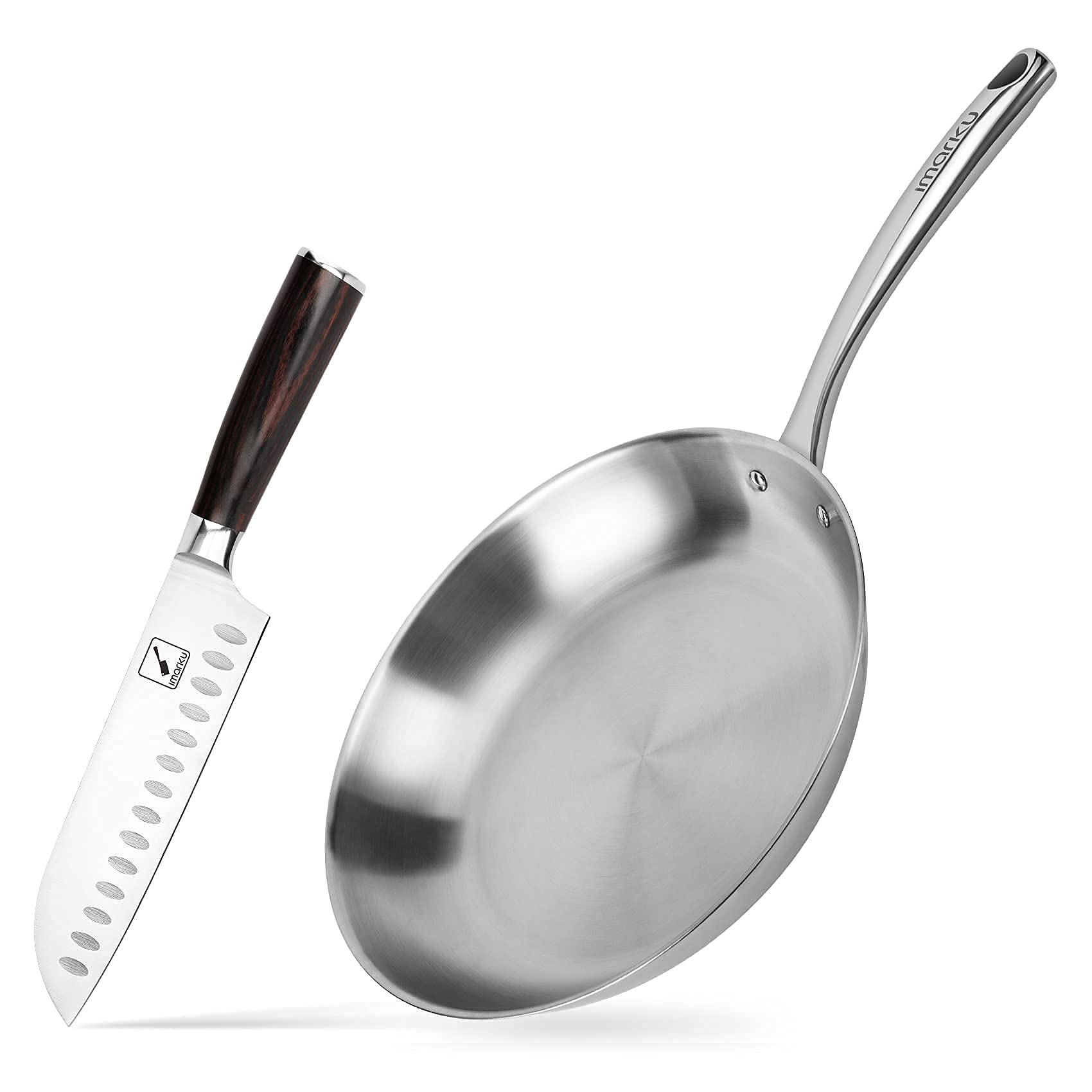 **Imarku 7-Inch Santoku Knife & 12-Inch Frying Pan Set - Professional Stainless Steel Cookware with 3-Ply Induction Bottom - Perfect for Home Kitchens, Restaurants & Everyday Cooking**