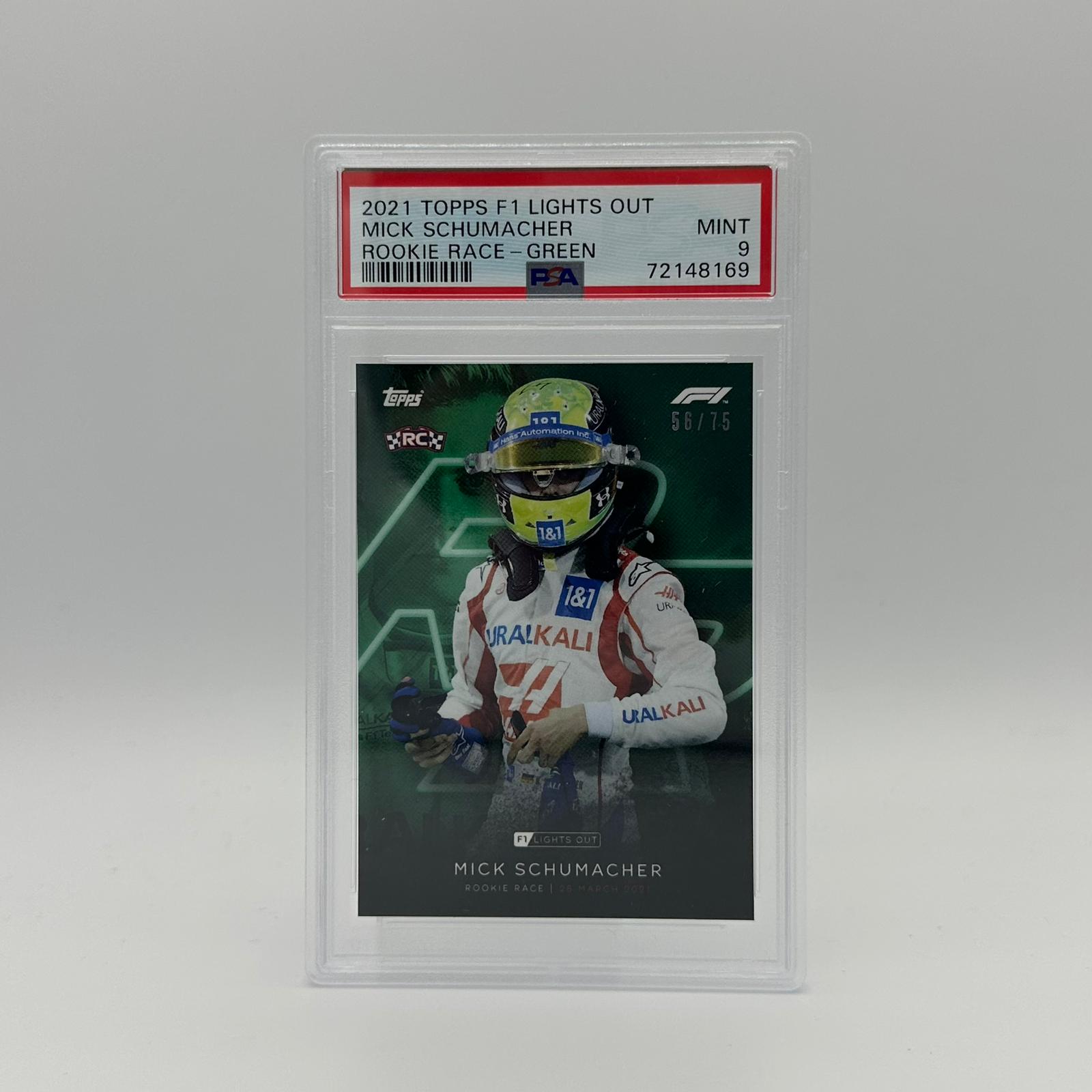 PSA 9 Graded 56/75 Mick Schumacher Rookie Race Green Parallel - Collectible Racing Card for Fans & Investors - Perfect for Display, Trading, and Memorabilia Collections