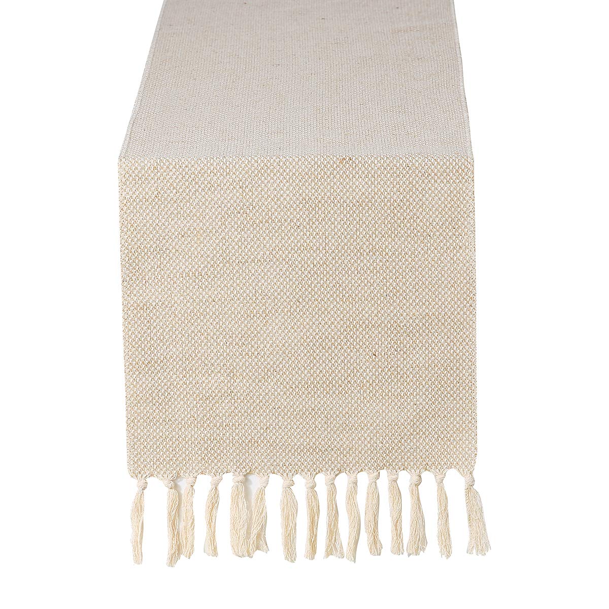 13 x 72 Inch Fall Farmhouse Cotton Linen Table Runner with Handcrafted Tassels - Rustic Jute Burlap Dining Table Decor for Thanksgiving, Christmas, Wedding & Home Decoration - Waffle Weave Design