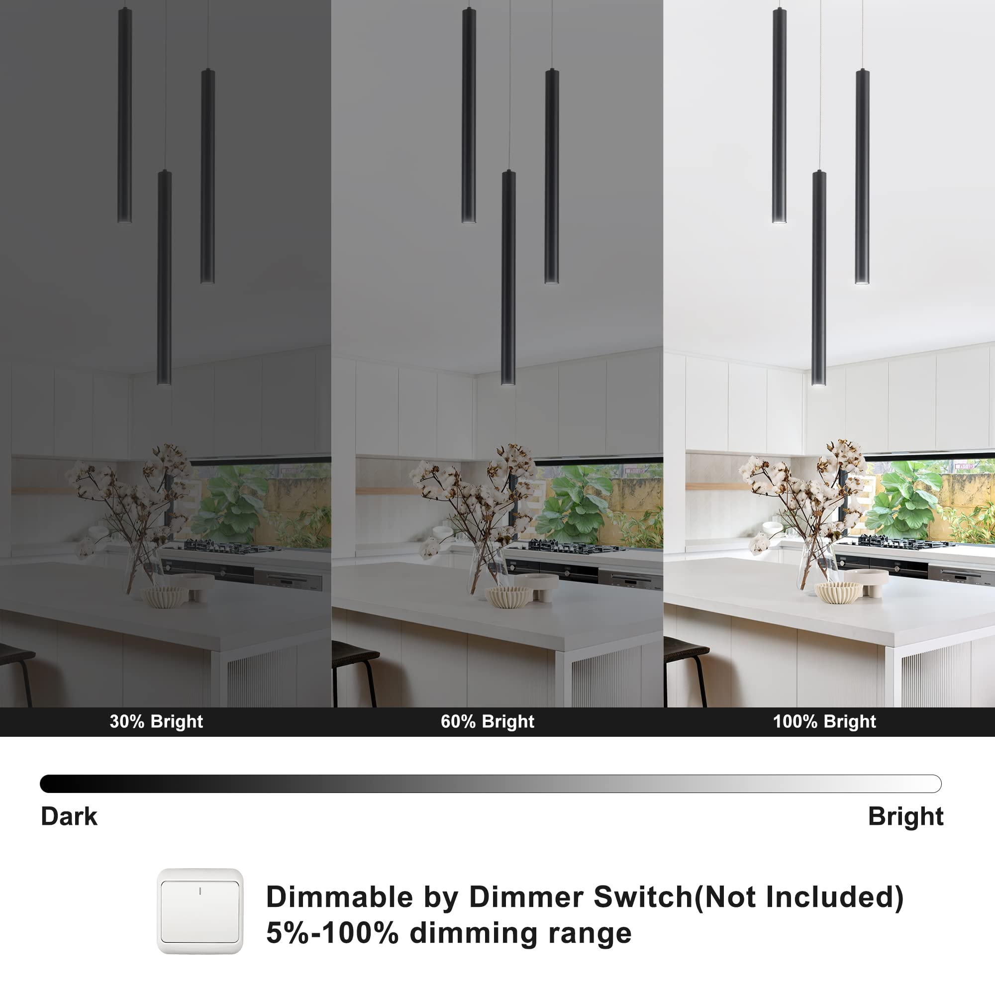 Modern 3-Light Cluster Pendant Lighting Fixture - Dimmable LED Ceiling Hanging Light for Kitchen Island, Dining Room & Bar (6000K Cool White, Black) - Perfect for Contemporary Home Decor & Restaurant Lighting
