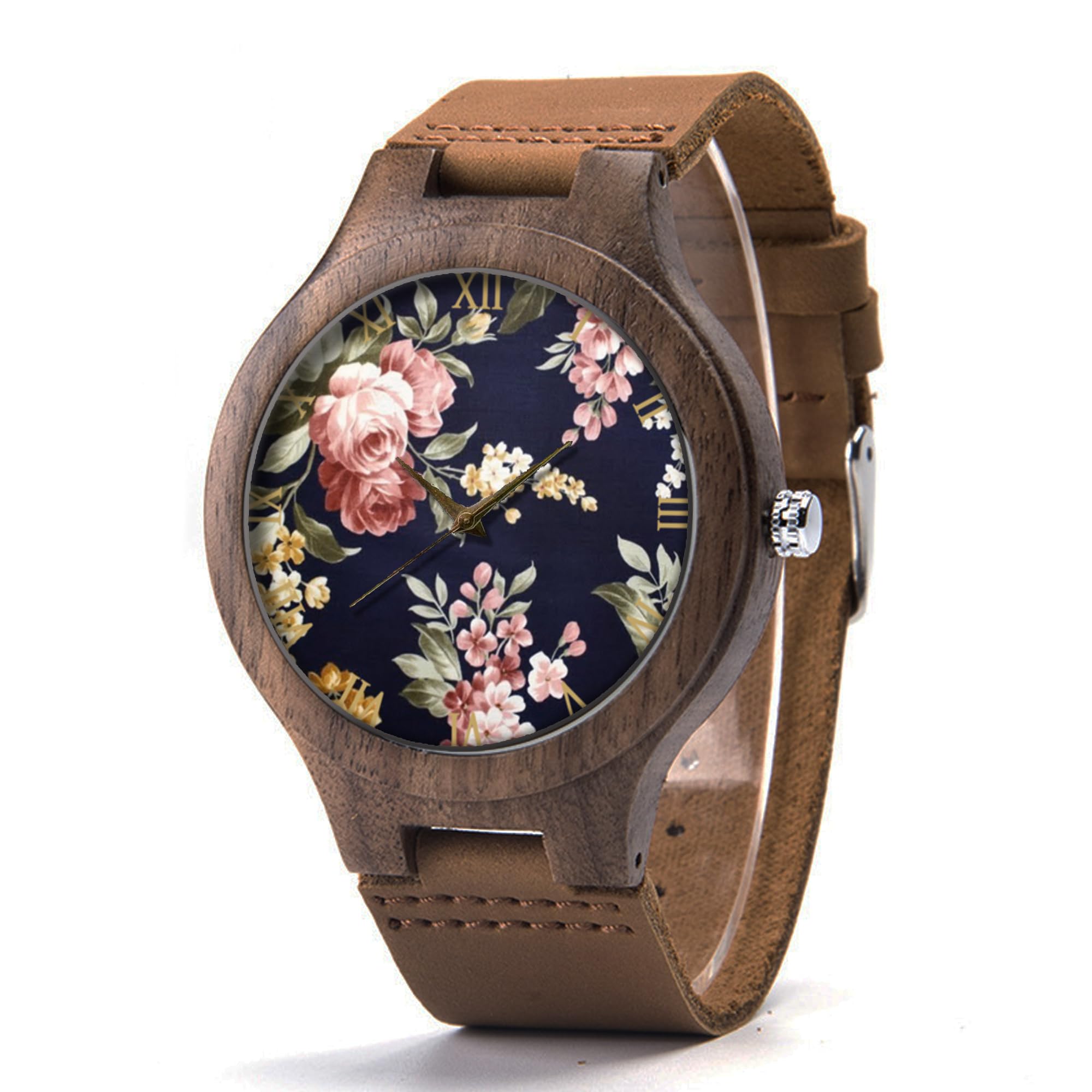 Vintage Floral Wood Leather Watch for Men - Handmade Rose Wood Watch with Leather Strap - Unique Floral Design Jewelry Watch - Perfect for Casual, Formal & Gift Occasions