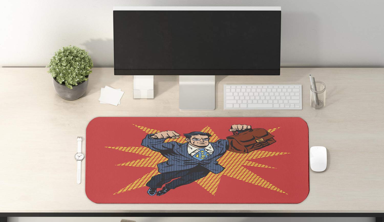 Retro Computer Mouse Pad - Superhero Businessman with Muscular Briefcase Pop Art Design | Non-Slip Large Gaming Mousepad 31