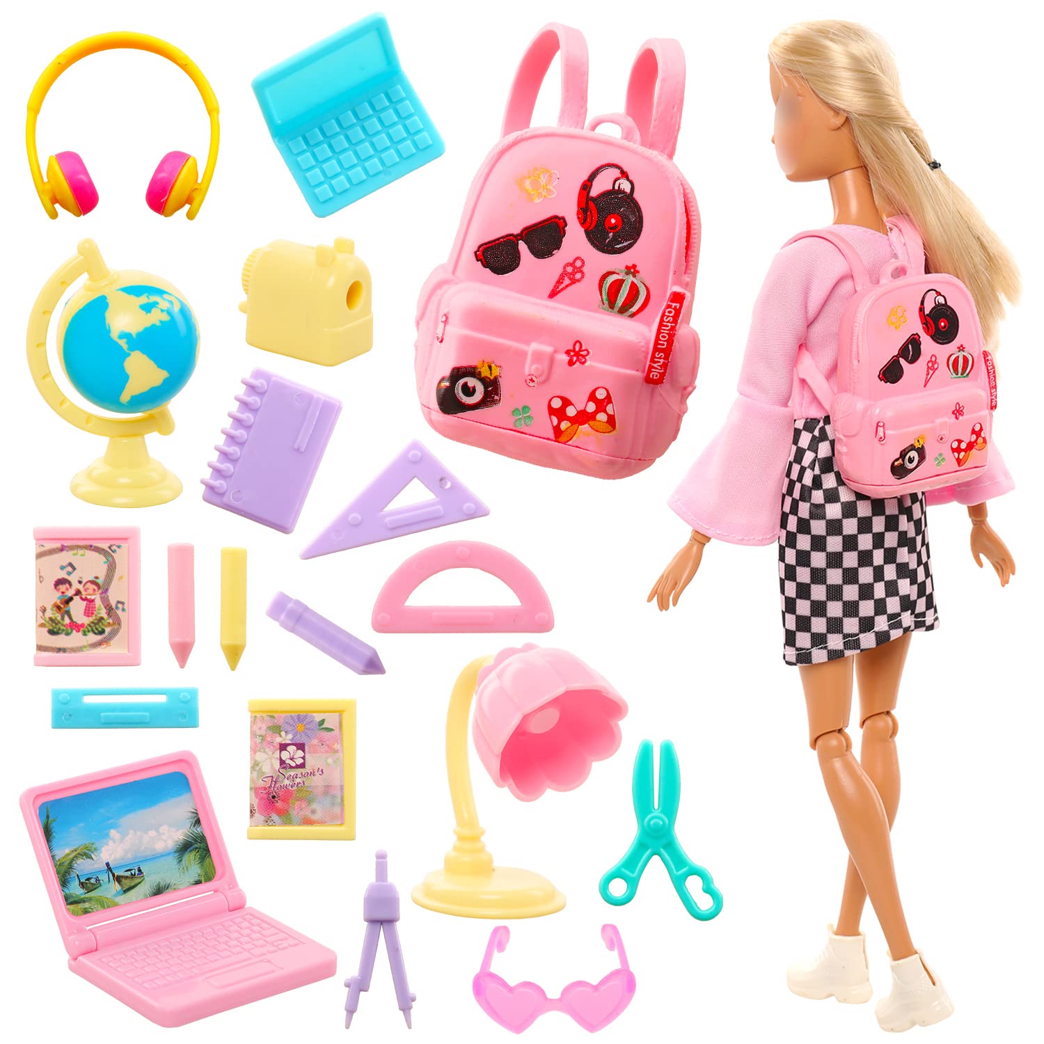 ENOCHT 19-Piece Doll School Accessories Set - Mini Backpack, Desk Lamp, Laptop, Globe, Glasses & Headset for 11.5 Inch Dolls | Perfect for Pretend Play, Classroom Scenes & Dollhouse Decor