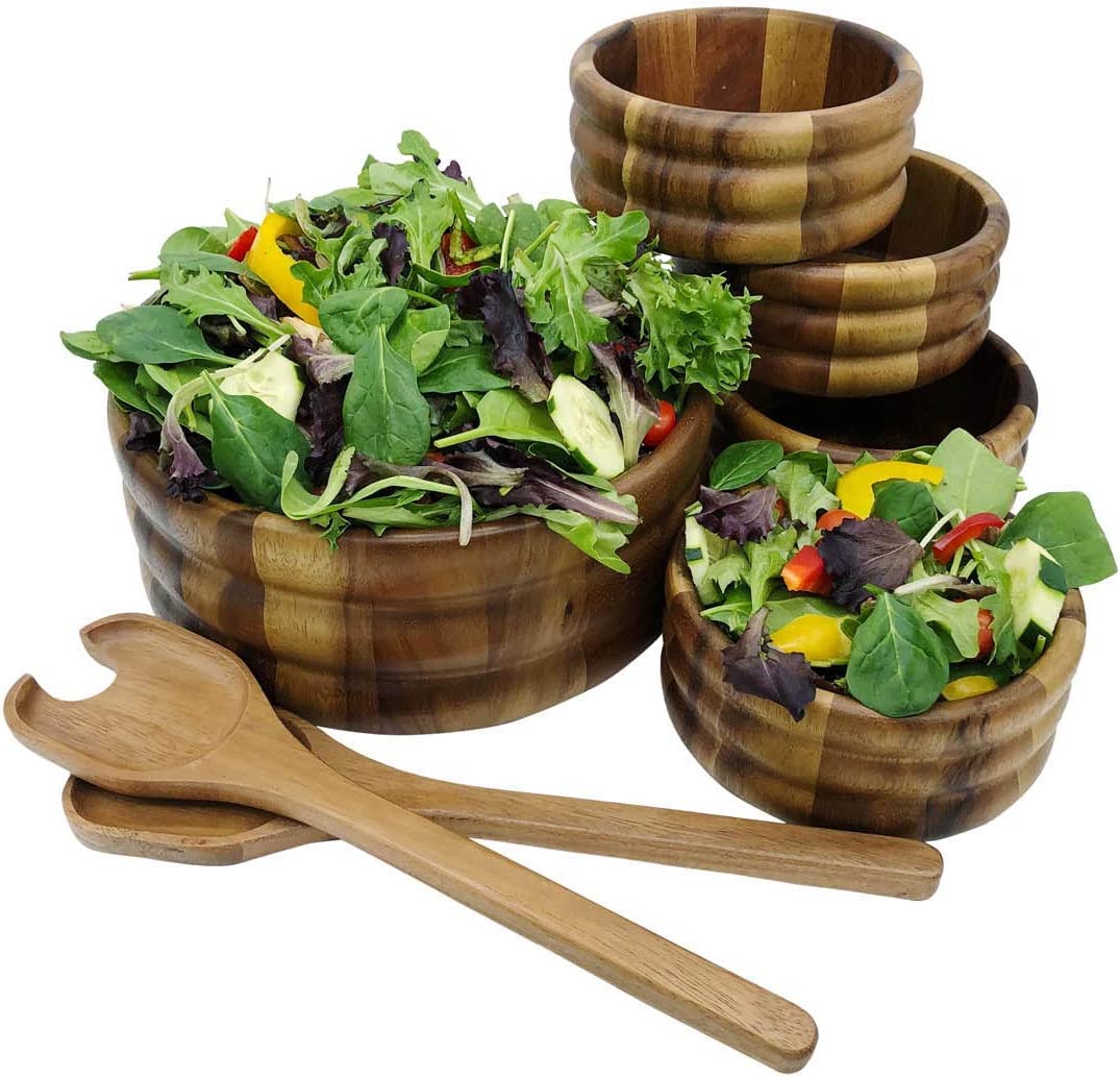 7-Piece Extra Large Wooden Salad Bowl Set with 4 Individual Bowls & 2 Serving Utensils - Perfect for Family Dinners, Picnics, and Entertaining Guests