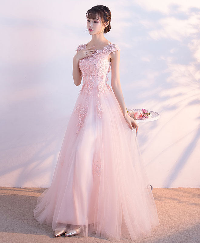 Elegant Pink Round Neck Tulle Lace Long Prom Dress for Women - Formal Evening Gown for Homecoming, Wedding, Ball & Special Occasions