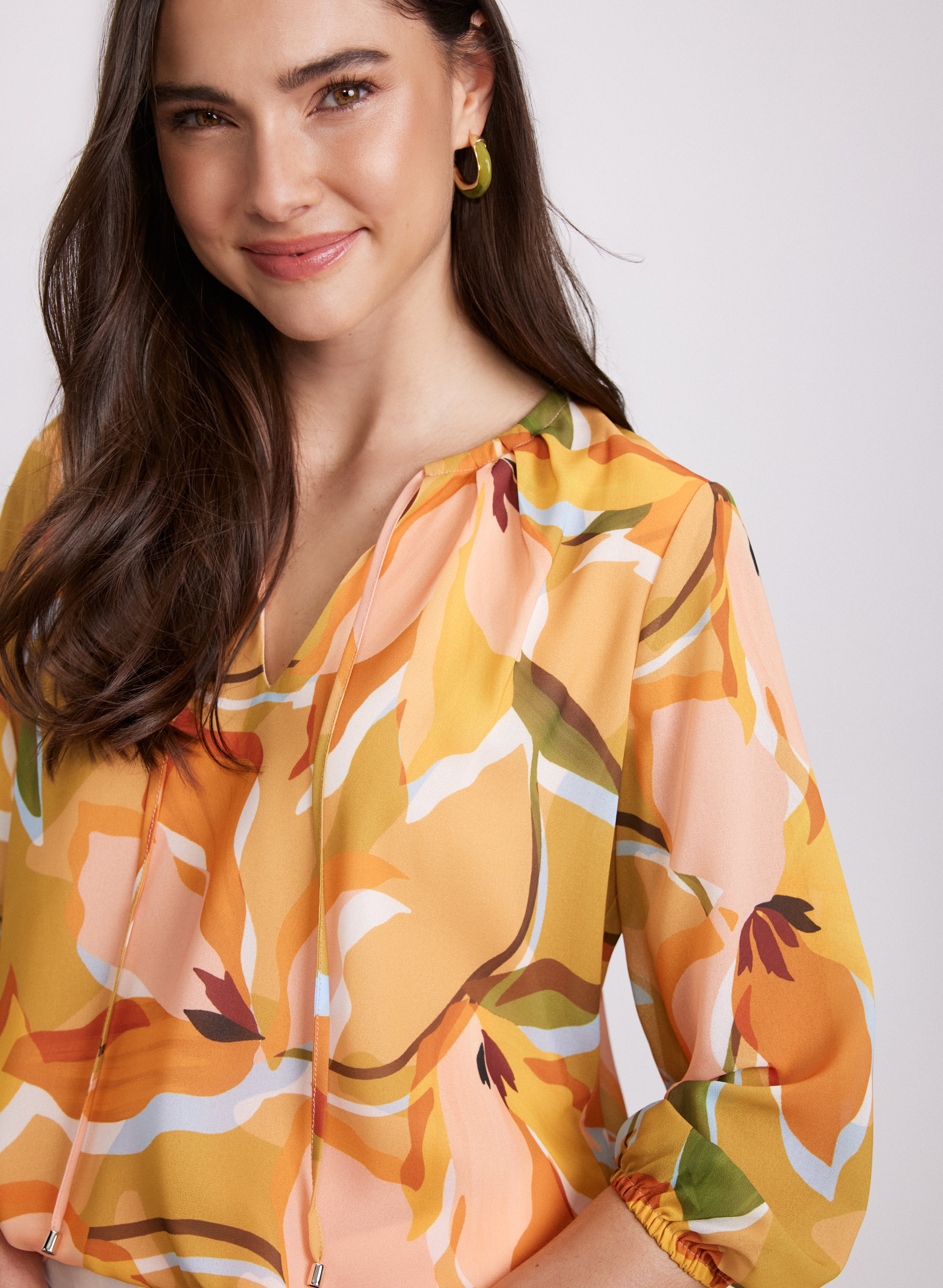 Floral Split Neck Blouse for Women - Elegant Floral Print Tunic Top with V-Neck Design | Perfect for Office, Date Night & Spring Outfits