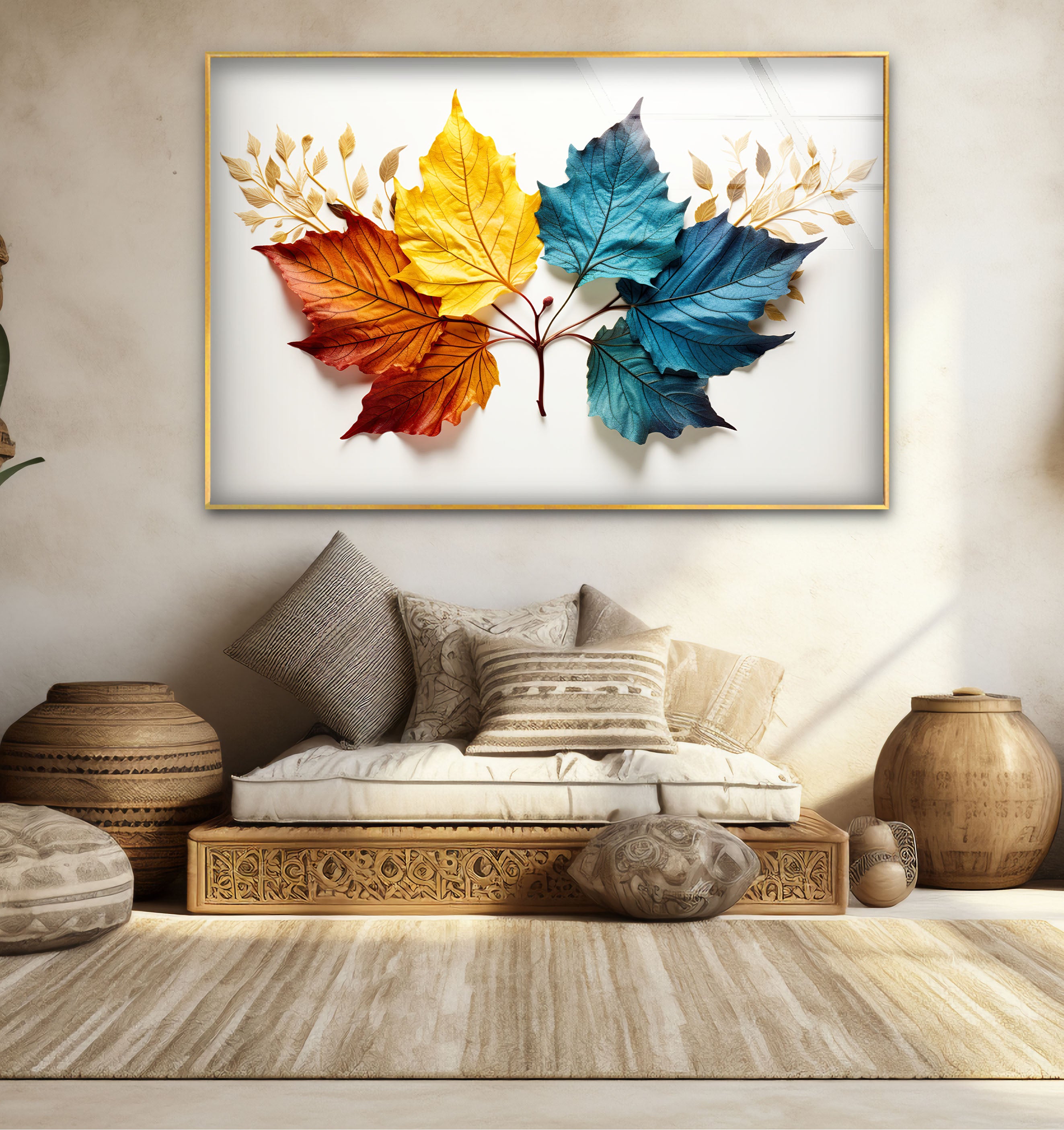 Vibrant Autumn Leaves Wall Art - Modern Botanical Glass Print with Red, Yellow & Blue Foliage - Perfect for Living Room, Bedroom & Office Decor