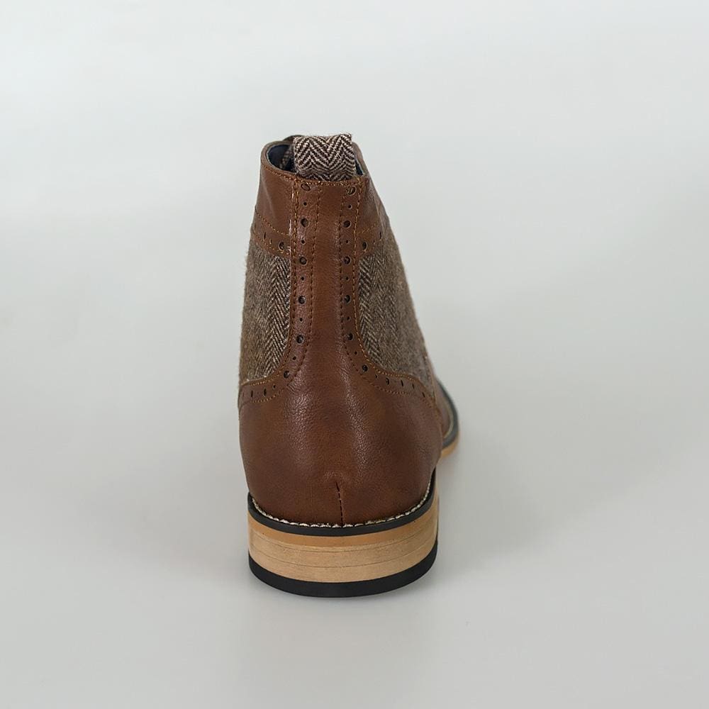 Cavani Sherlock Brown Men's Tweed Brogue Boots - Classic Vintage Style Leather Ankle Boots for Men - Perfect for Fall Winter, Office Wear & Casual Outfits