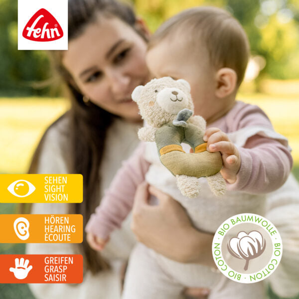FehnNATUR Soft Ring Rattle Bear - Cute Baby Teething Toy with Gentle Sounds | Perfect for Newborns & Infants | Sensory Development & Soothing Gift for Nursery, Stroller & Playtime