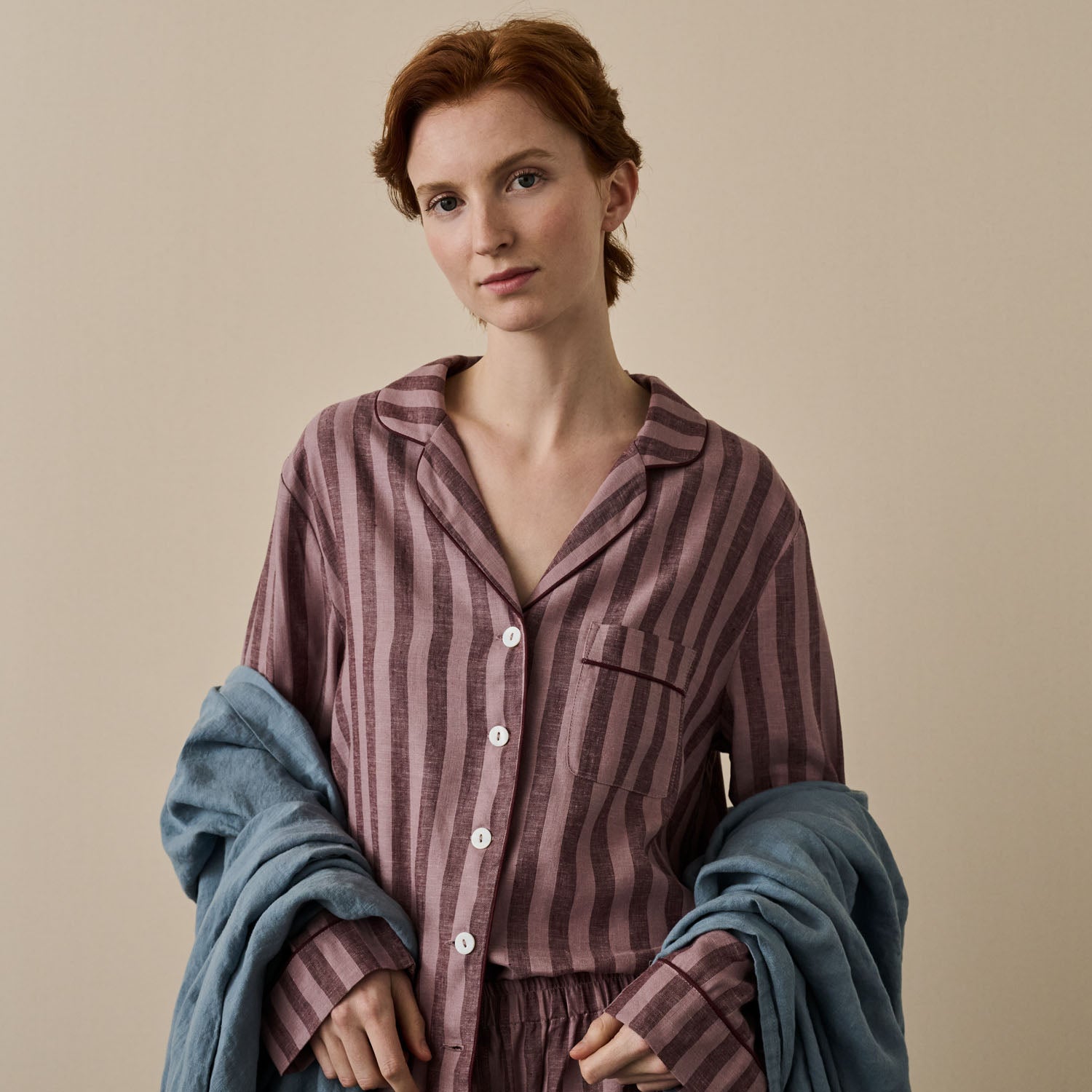 Port & Woodrose Striped Linen Pajama Shirt for Women - Soft & Breathable Sleepwear - Perfect for Lounging, Bedtime & Relaxation at Home