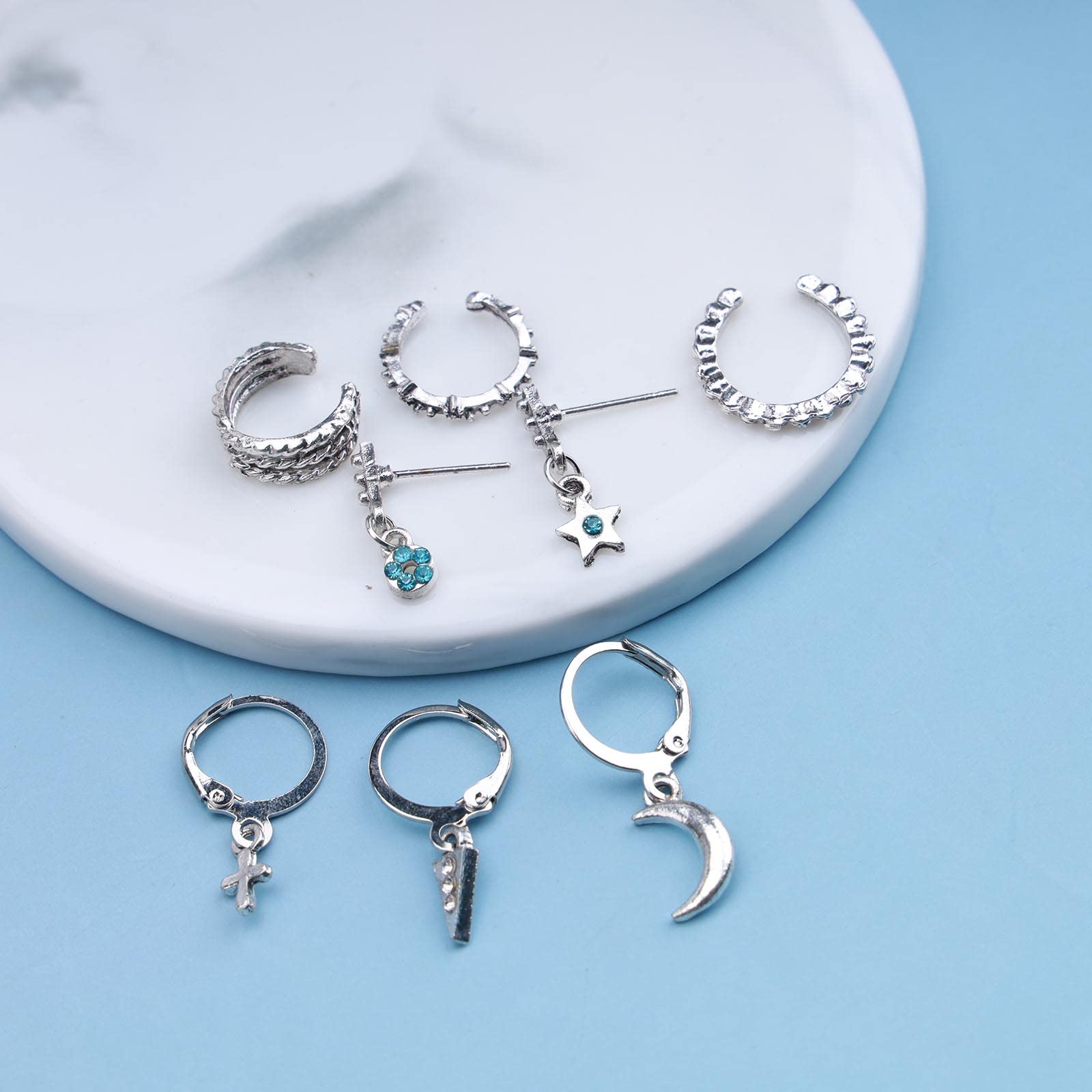 Boho Rhinestone Circle Huggie Hoop Earrings for Women - Silver Multiple Piercing Earrings Set with Flower, Cross & Star Dangle - Vintage CZ Band Cuff Jewelry for Everyday Wear & Special Occasions
