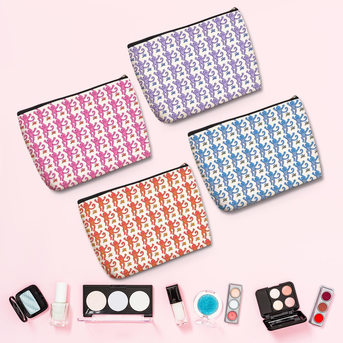 4-Piece Preppy Makeup Bags Set - Cute Cosmetic & Travel Pouch for Women, Teen Girls - Perfect Birthday, Christmas, Friendship Gifts for Bestie, Sister, Niece & Monkey Lovers - Ideal for Travel, School & Daily Organization