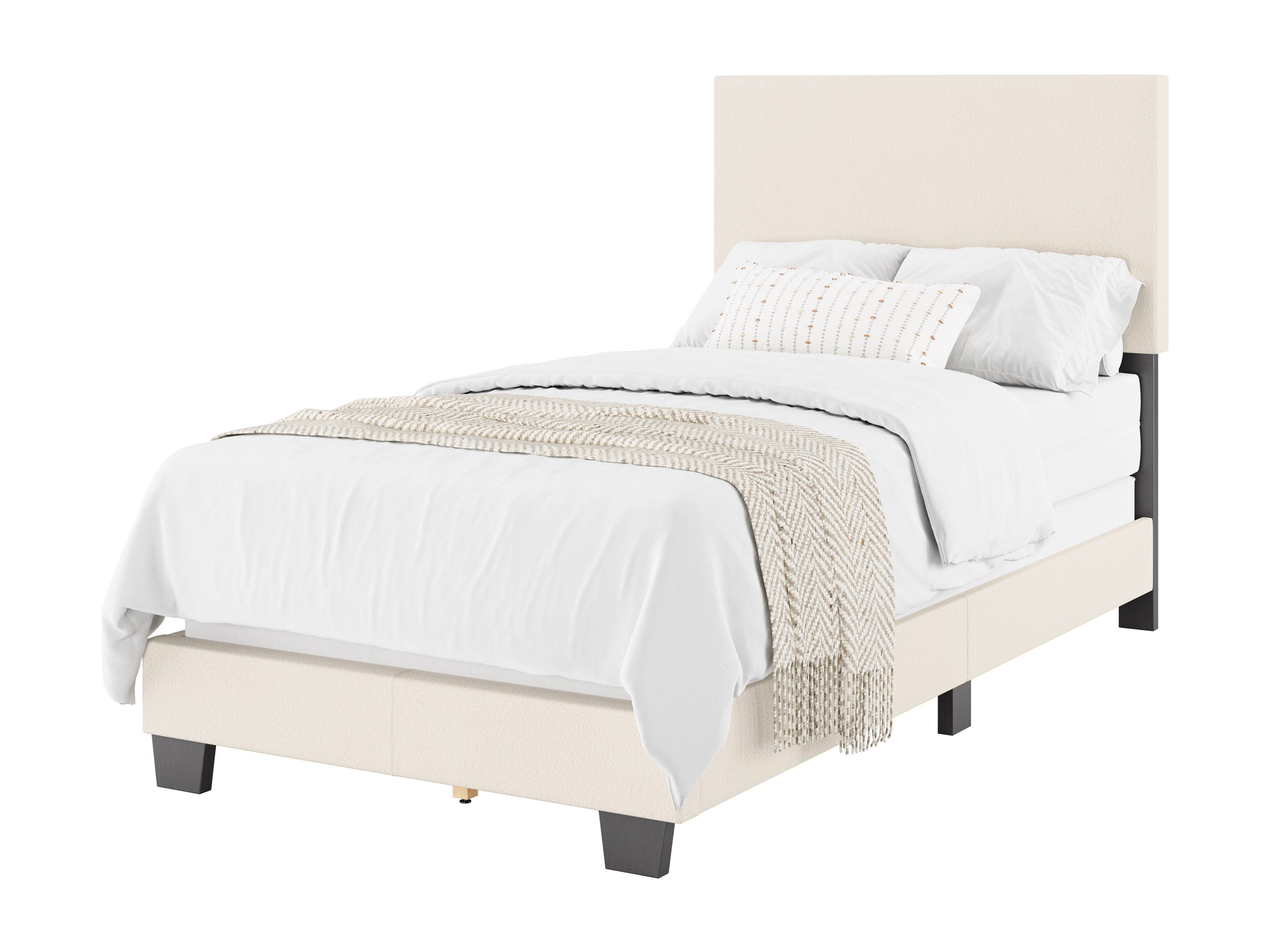 Modern Minimalist Boucle Upholstered Single Bed Frame - Off White Fabric, Compact & Stylish for Small Spaces, Apartments, Dorms & Guest Rooms