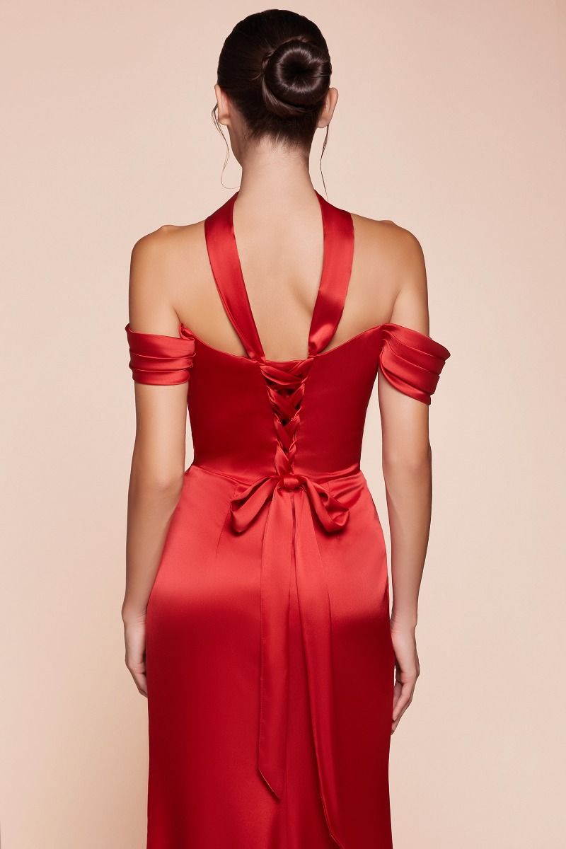 Emerson Off Shoulder Lace Up Corset Satin Evening Gown - Sienna Red Luxe Formal Dress for Prom, Wedding & Special Occasions