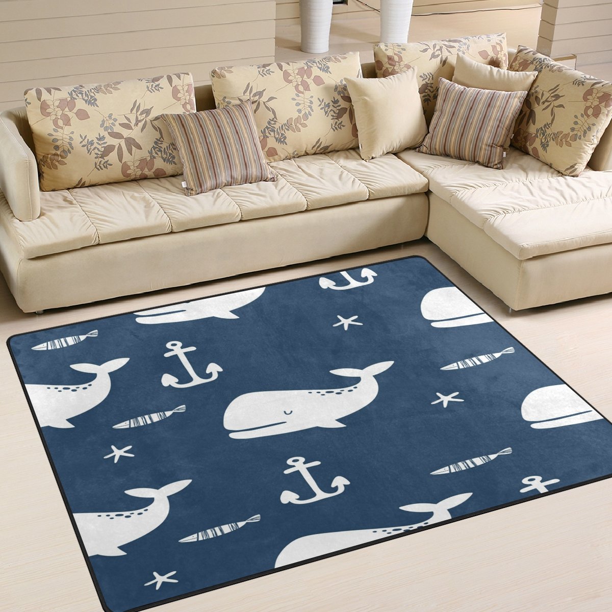 Vintage Blue Nautical Area Rug with Whale, Starfish & Anchor Design - 7x5 Feet Soft Living Room Rug, Bedroom Carpet for Coastal Home Decor | Perfect for Beach House, Nursery & Dorm Room