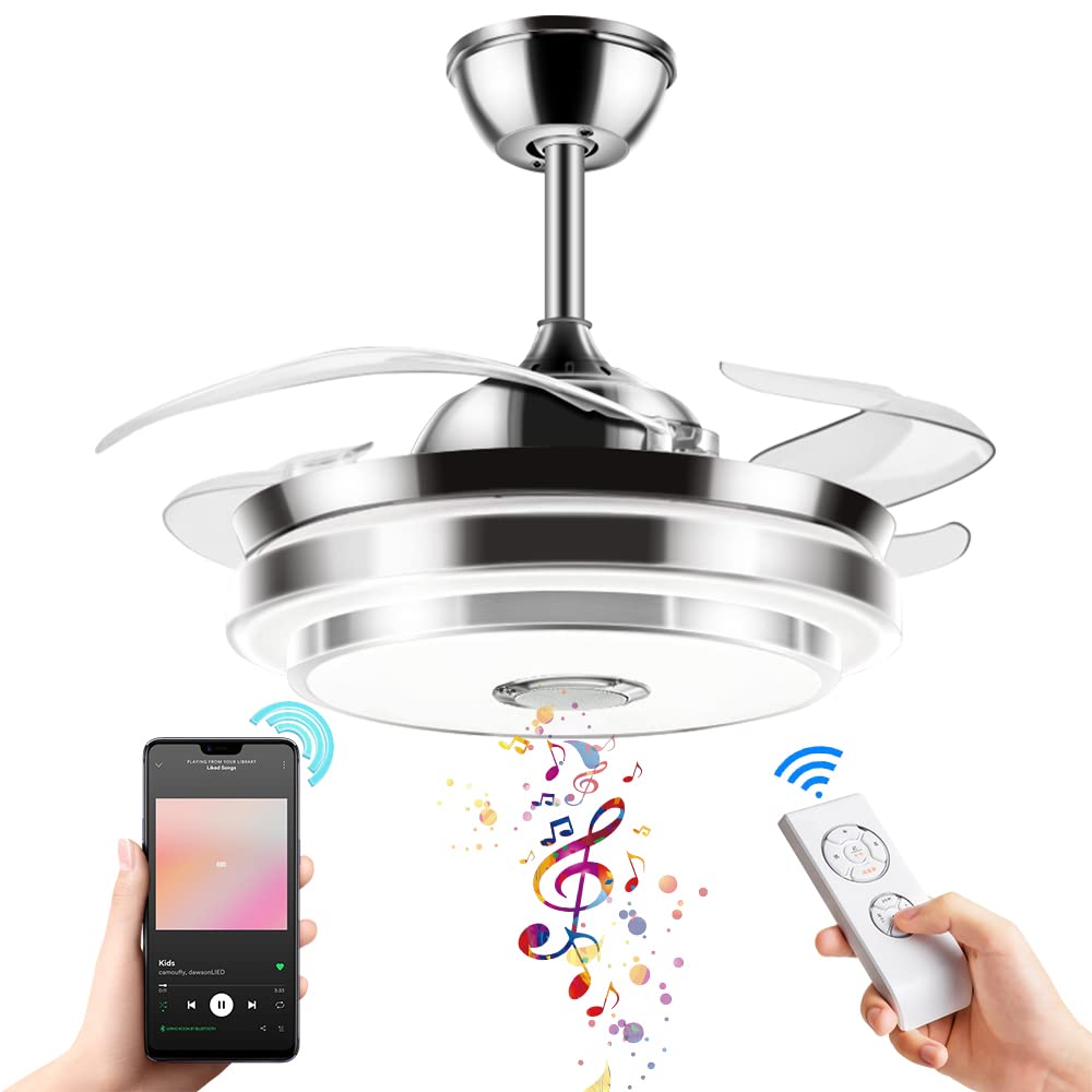 42 Inch Retractable Ceiling Fan with LED Light - 3 Color Changing, Bluetooth Music Player, 3-Speed Silent Motor - Perfect for Living Room, Dining Room & Bedroom - Modern Chandelier Style for Home Cooling & Ambiance