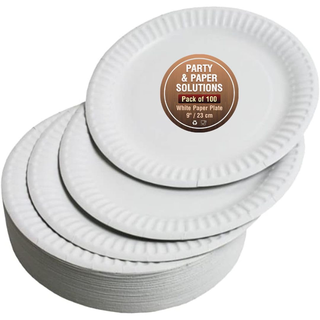 100 White Paper Plates 9 Inch (23cm) - Heavy Duty Disposable Plates for Hot & Cold Food - Perfect for Parties, Picnics, BBQs & Catering Events