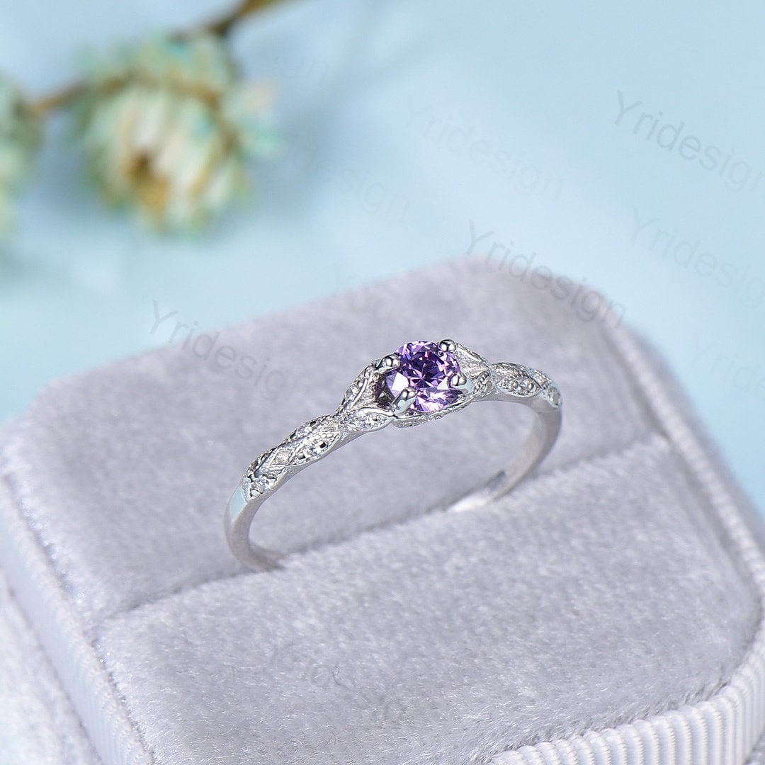 14K White Gold Amethyst Engagement Ring for Women - Vintage Dainty Purple Promise Ring, February Birthstone Jewelry - Perfect for Weddings, Anniversaries & Valentine's Day Gifts